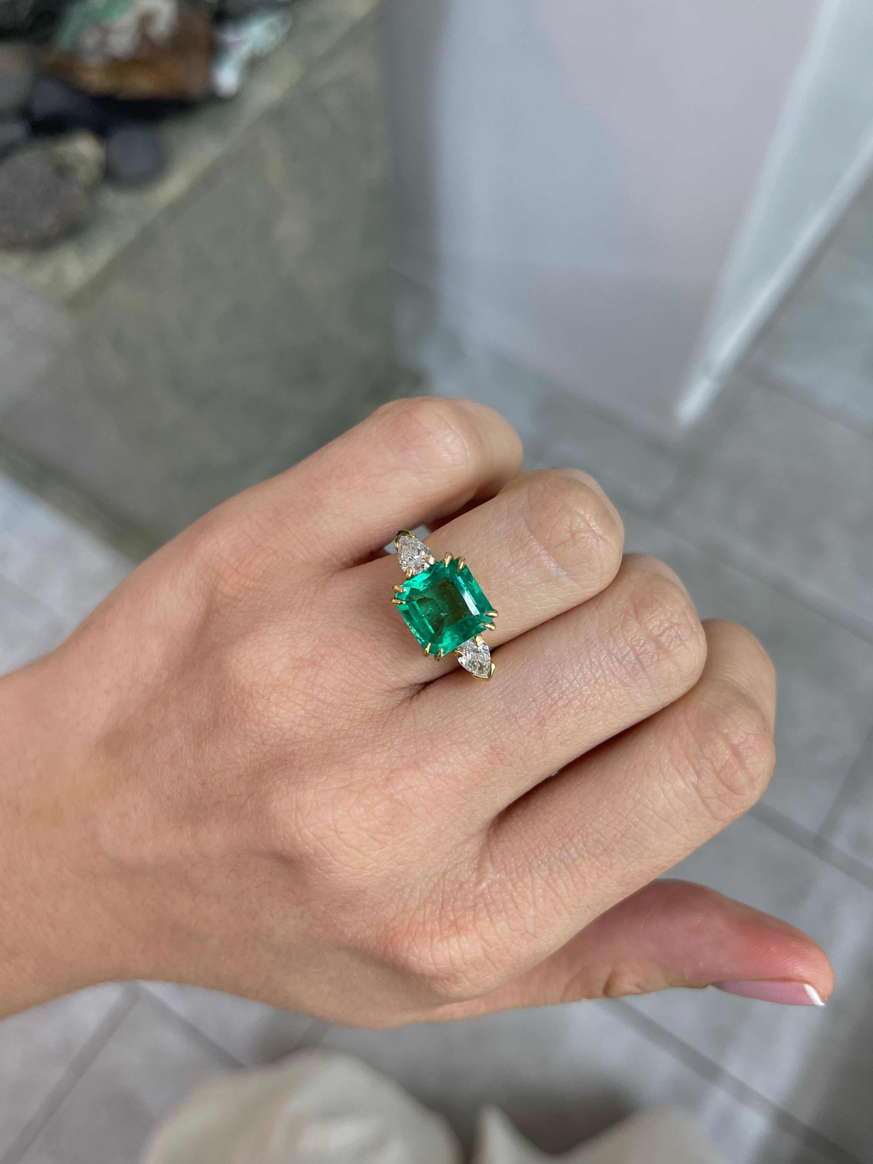 4.56tcw 18K GIA MINOR OIL Three Stone Emerald & Pear Diamond Ring - JR Colombian Emeralds