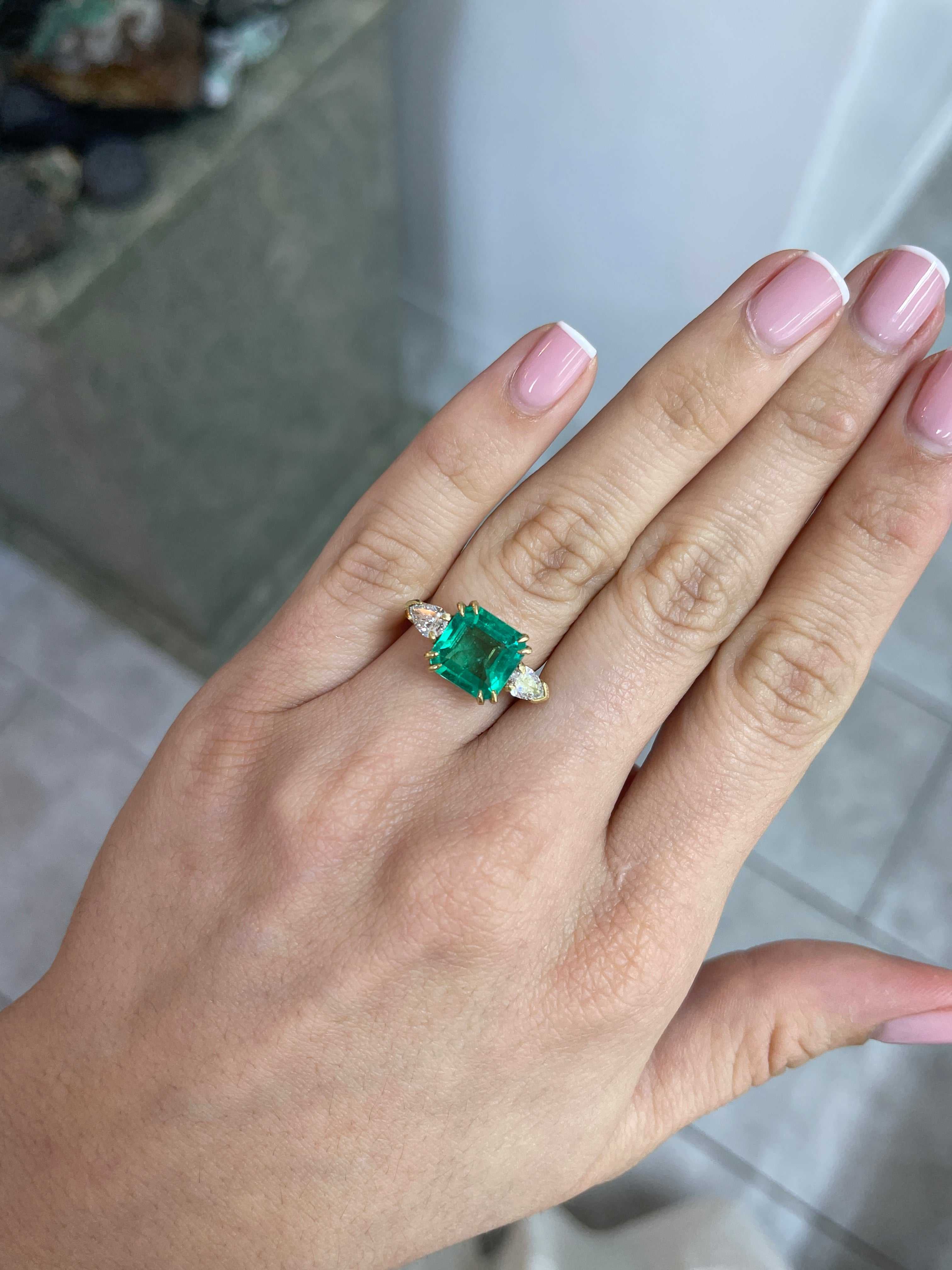 4.56tcw 18K GIA MINOR OIL Three Stone Emerald & Pear Diamond Ring - JR Colombian Emeralds