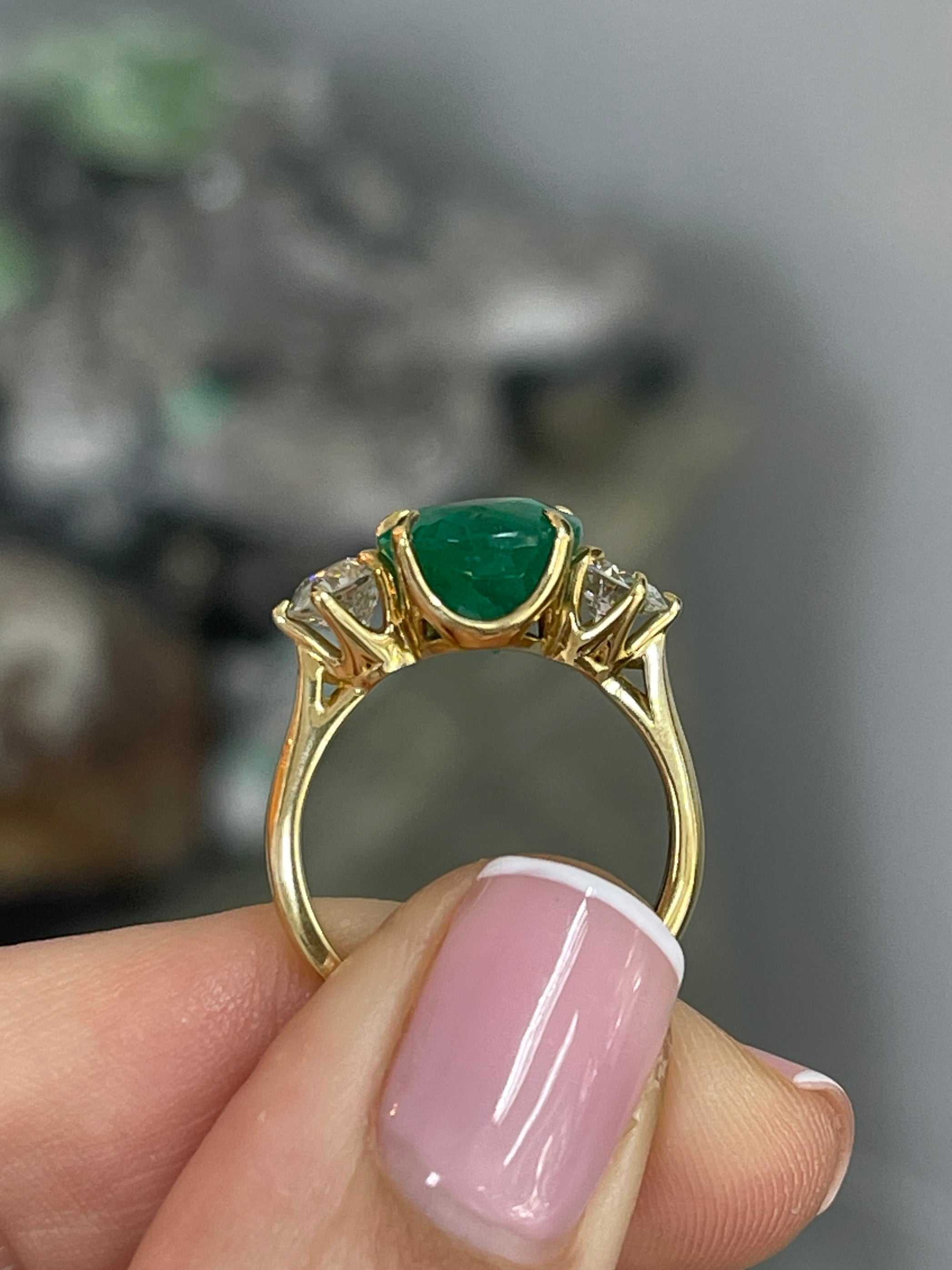 6.68tcw 18K Statement Vivid Green Pear Colombian Emerald & Old Euro Diamond Three Stone Ring - JR Colombian Emeralds