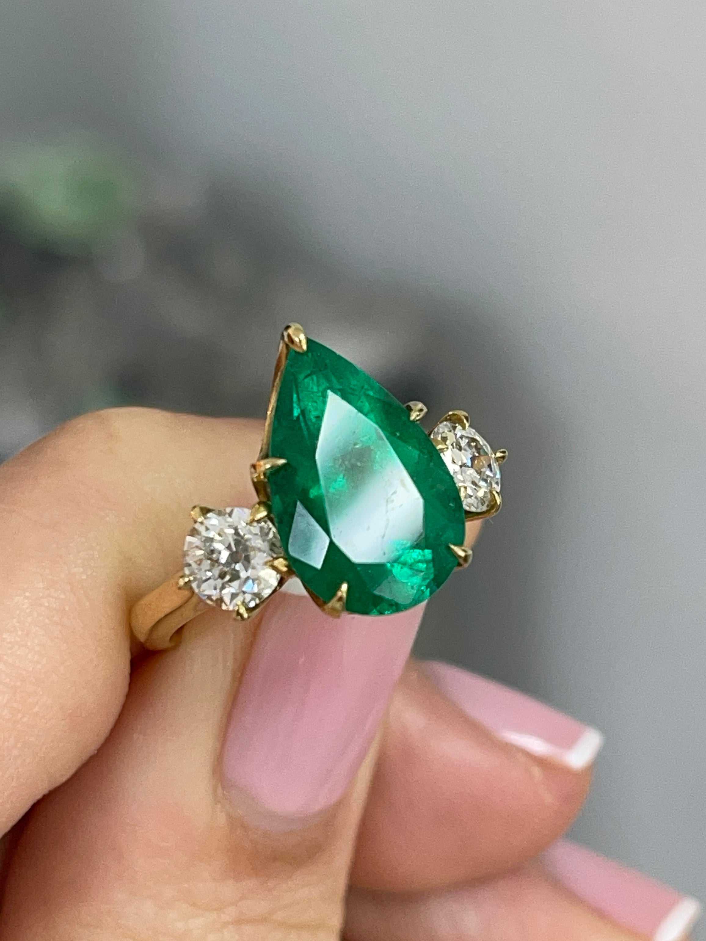 6.68tcw 18K Statement Vivid Green Pear Colombian Emerald & Old Euro Diamond Three Stone Ring - JR Colombian Emeralds