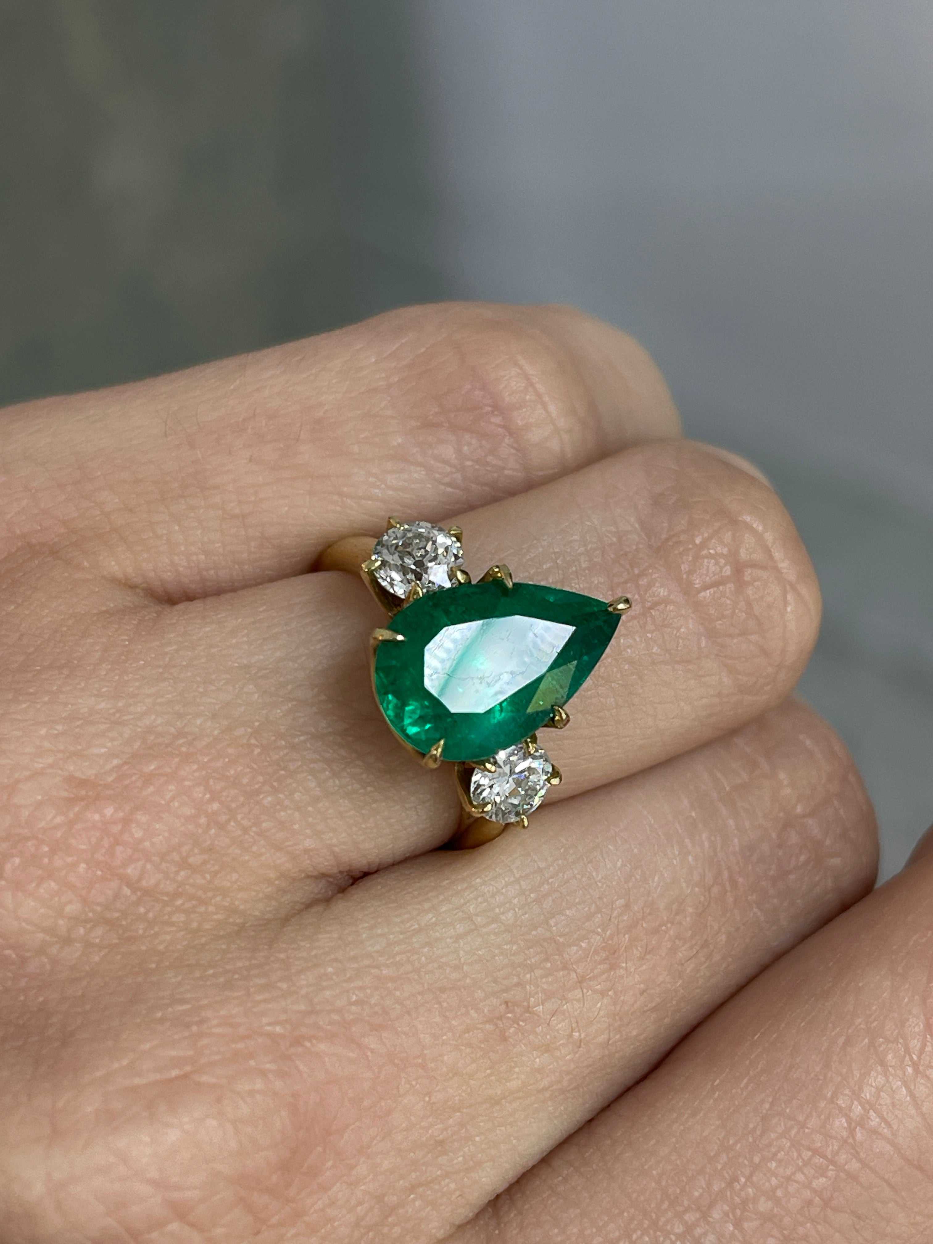 6.68tcw 18K Statement Vivid Green Pear Colombian Emerald & Old Euro Diamond Three Stone Ring - JR Colombian Emeralds