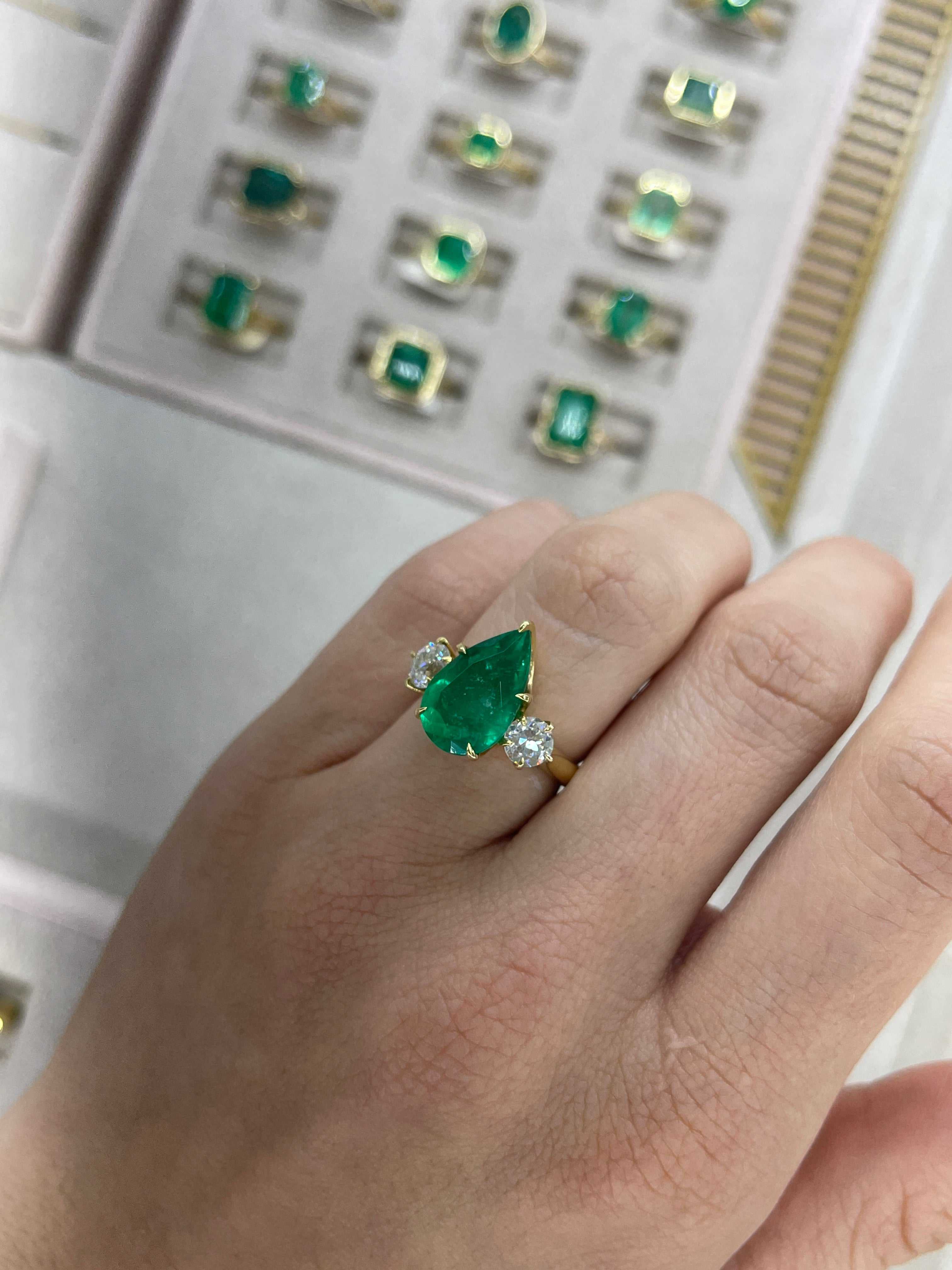 6.68tcw 18K Statement Vivid Green Pear Colombian Emerald & Old Euro Diamond Three Stone Ring - JR Colombian Emeralds