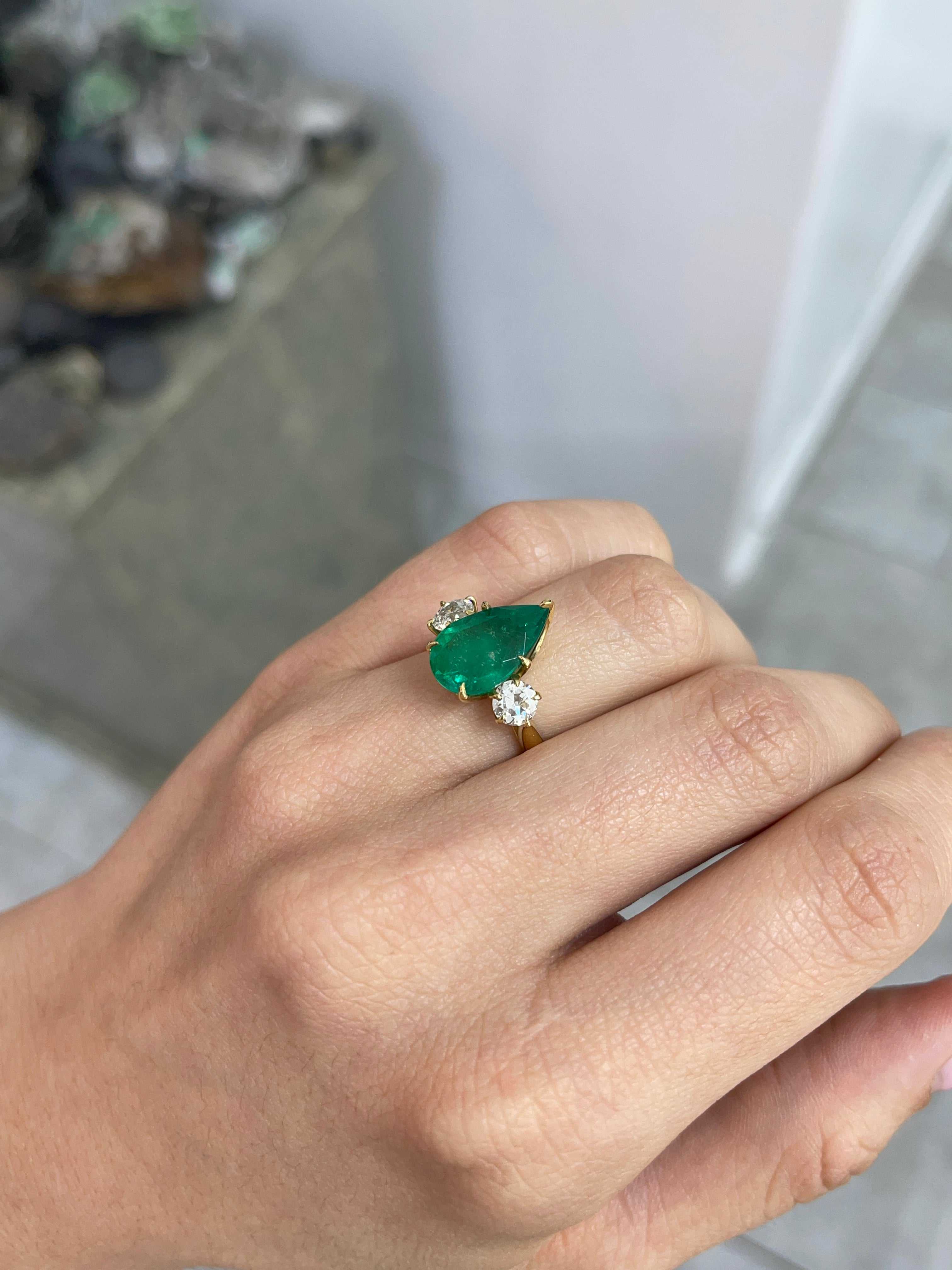 6.68tcw 18K Statement Vivid Green Pear Colombian Emerald & Old Euro Diamond Three Stone Ring - JR Colombian Emeralds