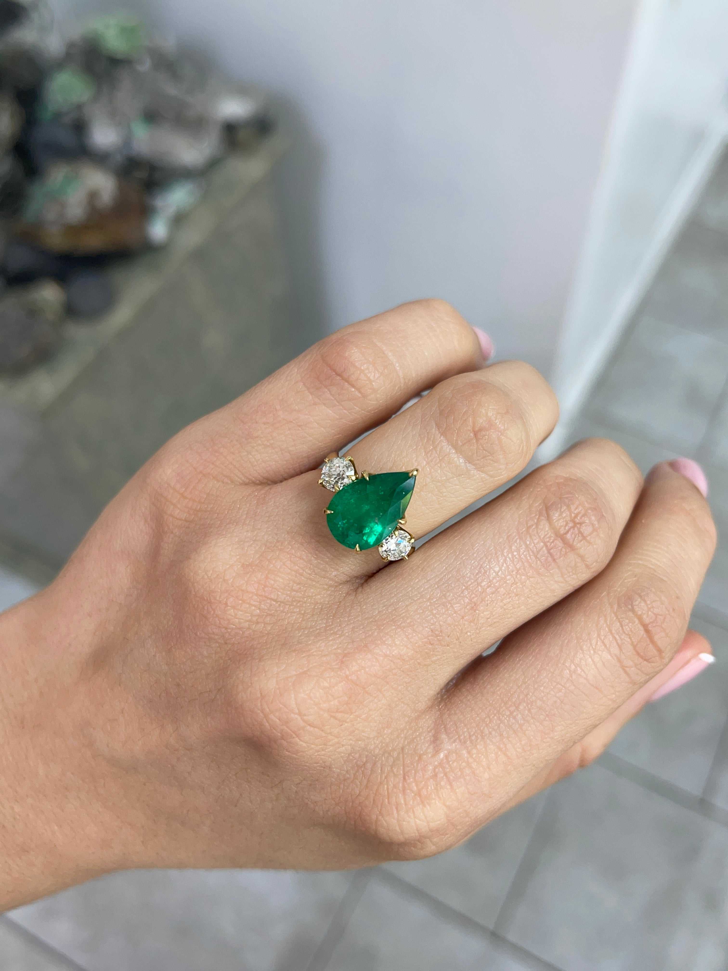 6.68tcw 18K Statement Vivid Green Pear Colombian Emerald & Old Euro Diamond Three Stone Ring - JR Colombian Emeralds