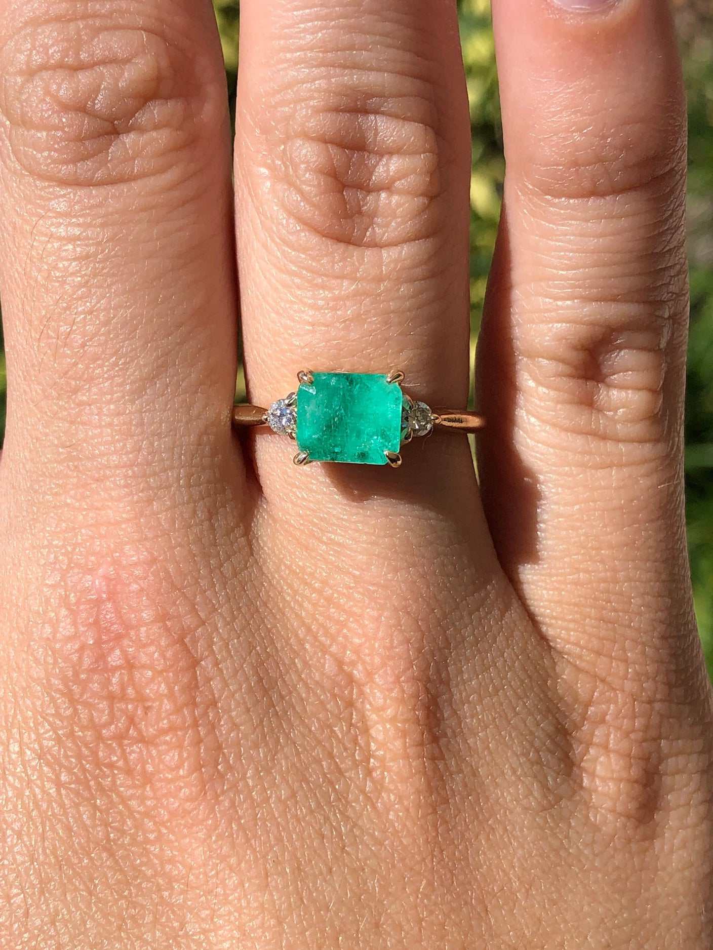 1.96tcw Three Stone Emerald & Round Diamond Ring 14K Unique