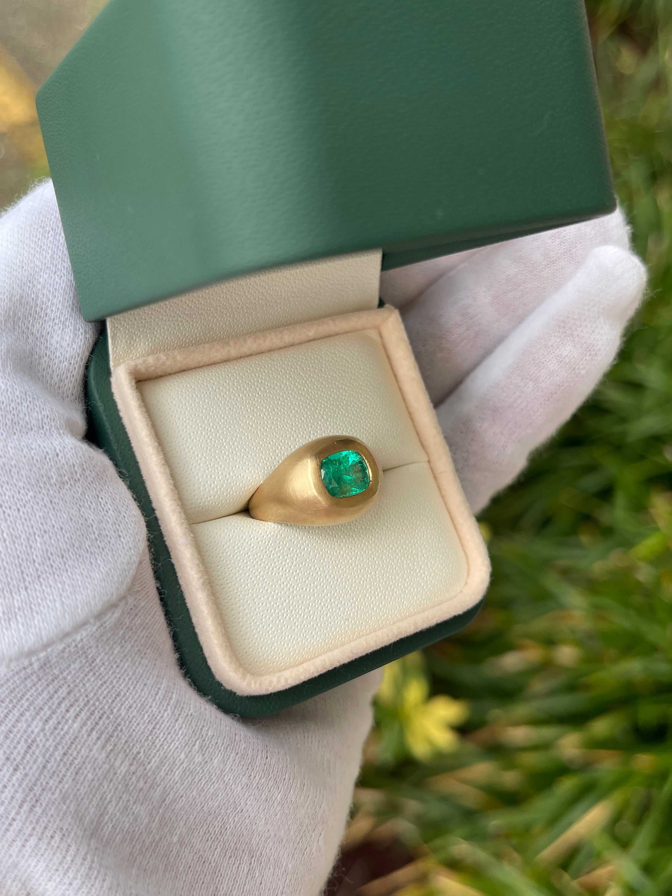 1.30 Carat Bezel Set Colombian Emerald Gypsy Ring 14K - JR Colombian Emeralds