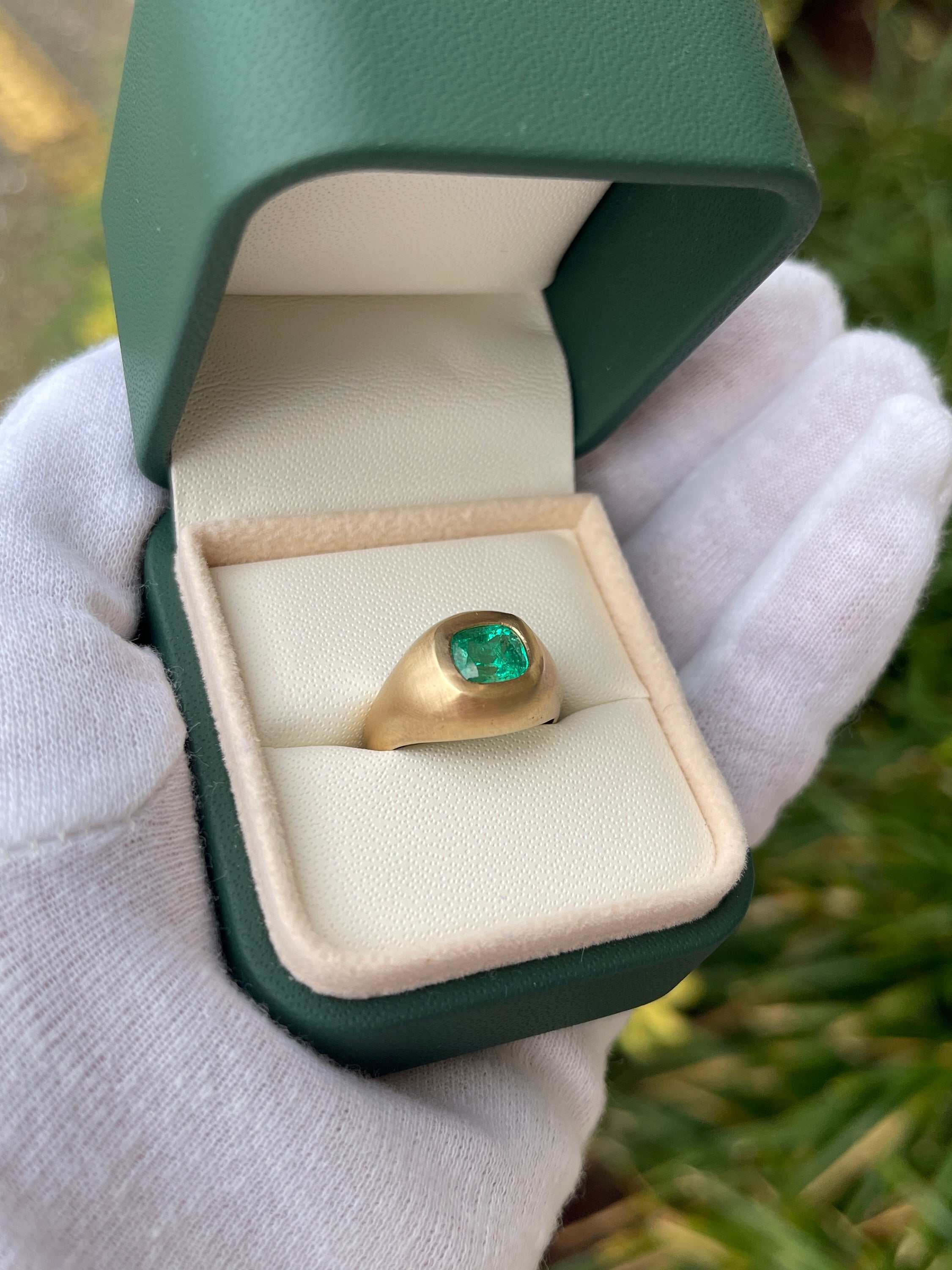 1.30 Carat Bezel Set Colombian Emerald Gypsy Ring 14K - JR Colombian Emeralds