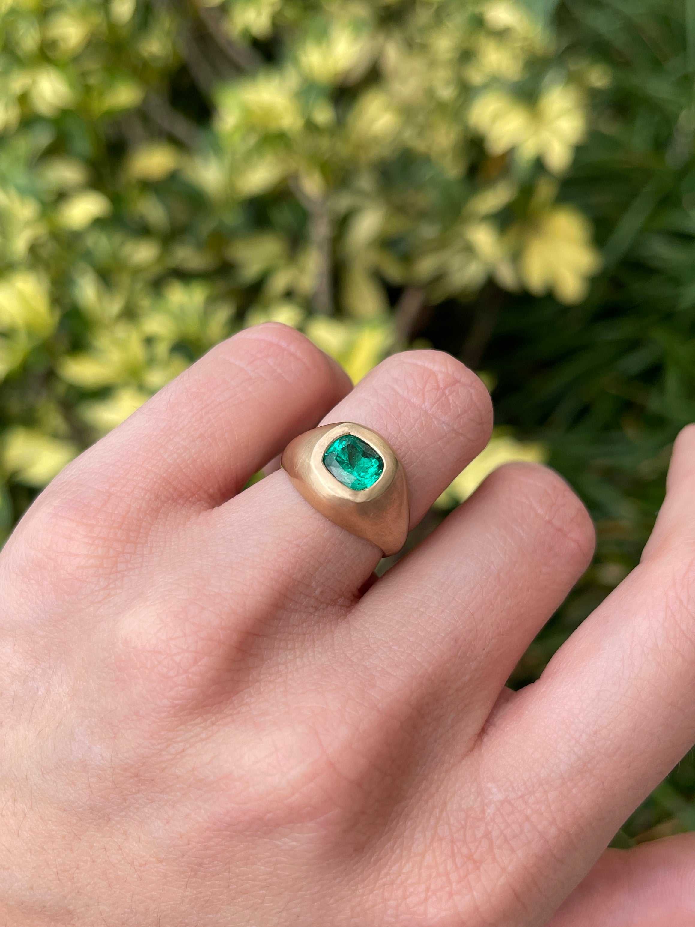 1.30 Carat Bezel Set Colombian Emerald Gypsy Ring 14K - JR Colombian Emeralds