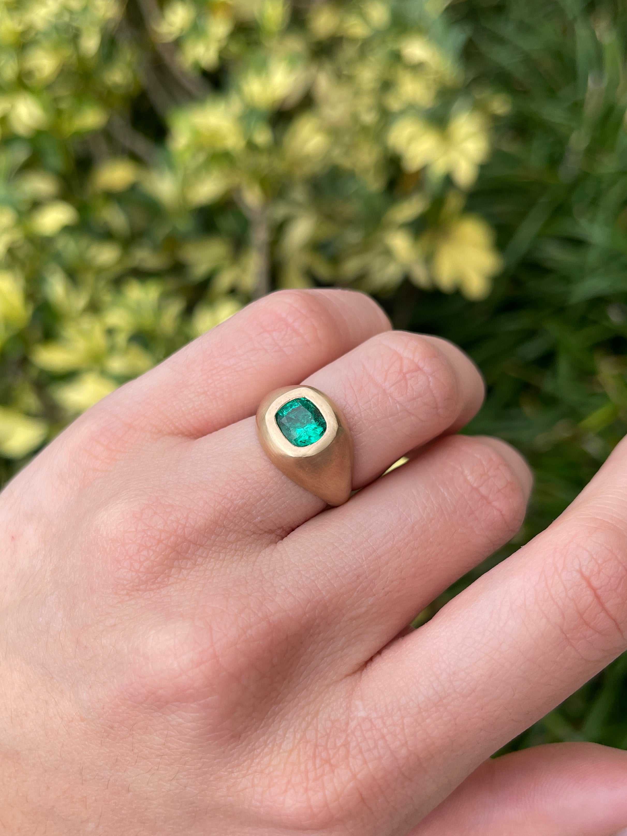 1.30 Carat Bezel Set Colombian Emerald Gypsy Ring 14K - JR Colombian Emeralds