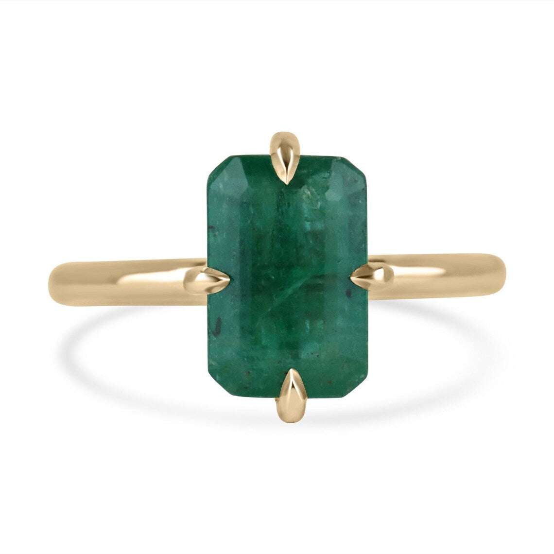 1.90 carat dark green emerald cut solitaire ring in 14K yellow gold setting