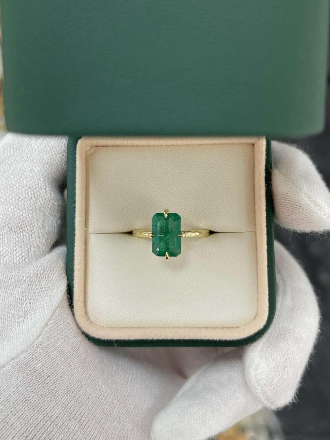 1.90 Carat Natural Dark Green Emerald Cut Solitaire Emerald Ring