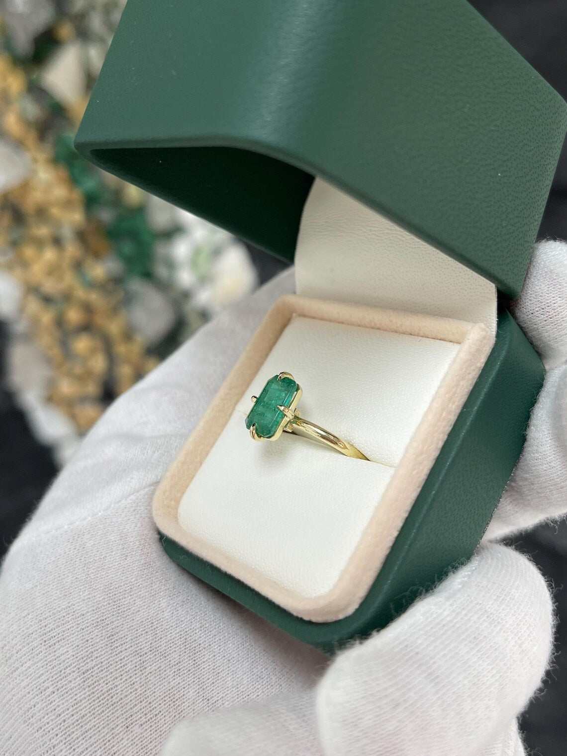 1.90 Carat Natural Dark Green Emerald Cut Solitaire Emerald Ring