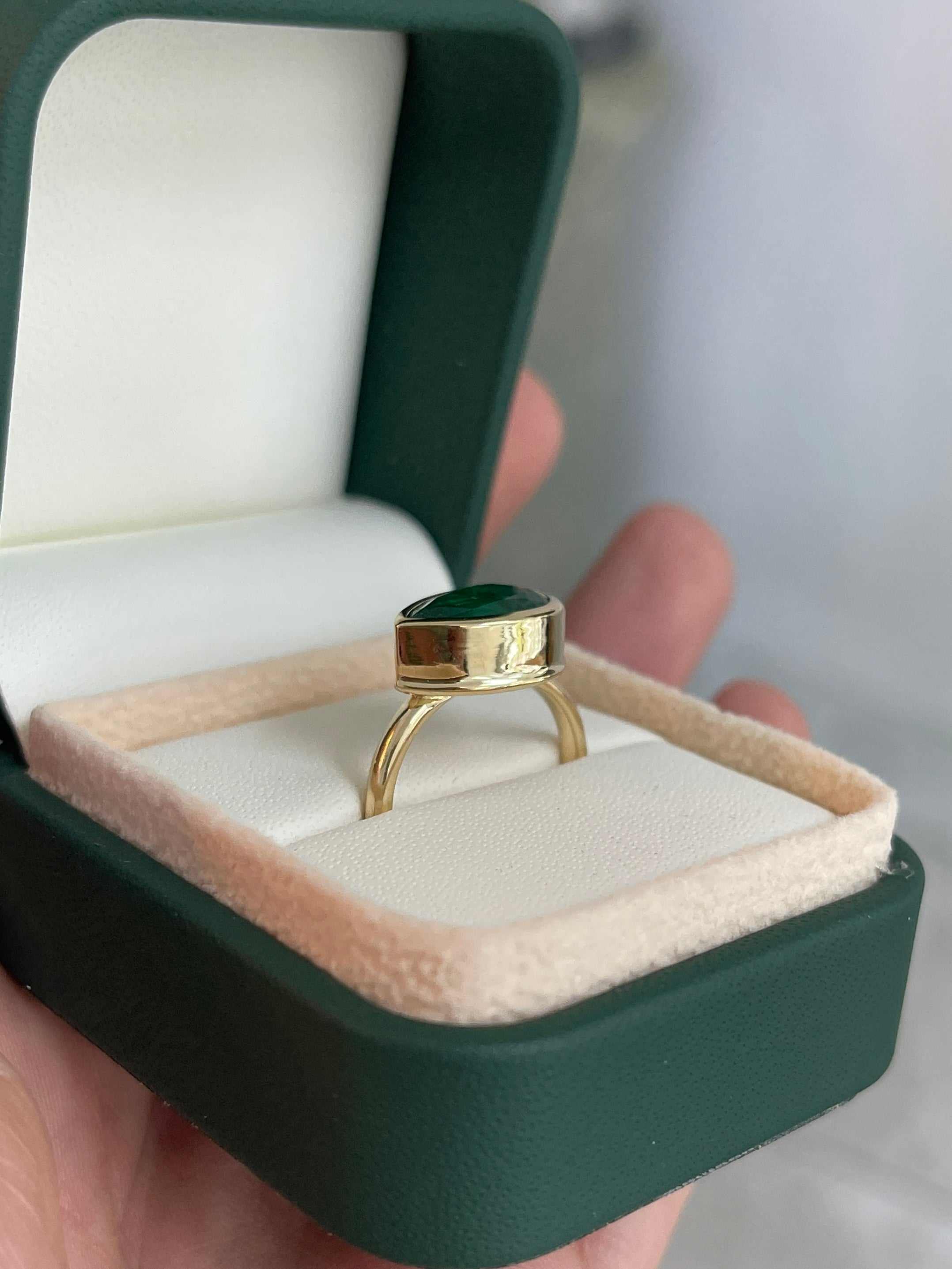 2.18 Carats Dark Forest Green Bezel East to West Set Emerald Pear Solitaire Ring 18K - JR Colombian Emeralds