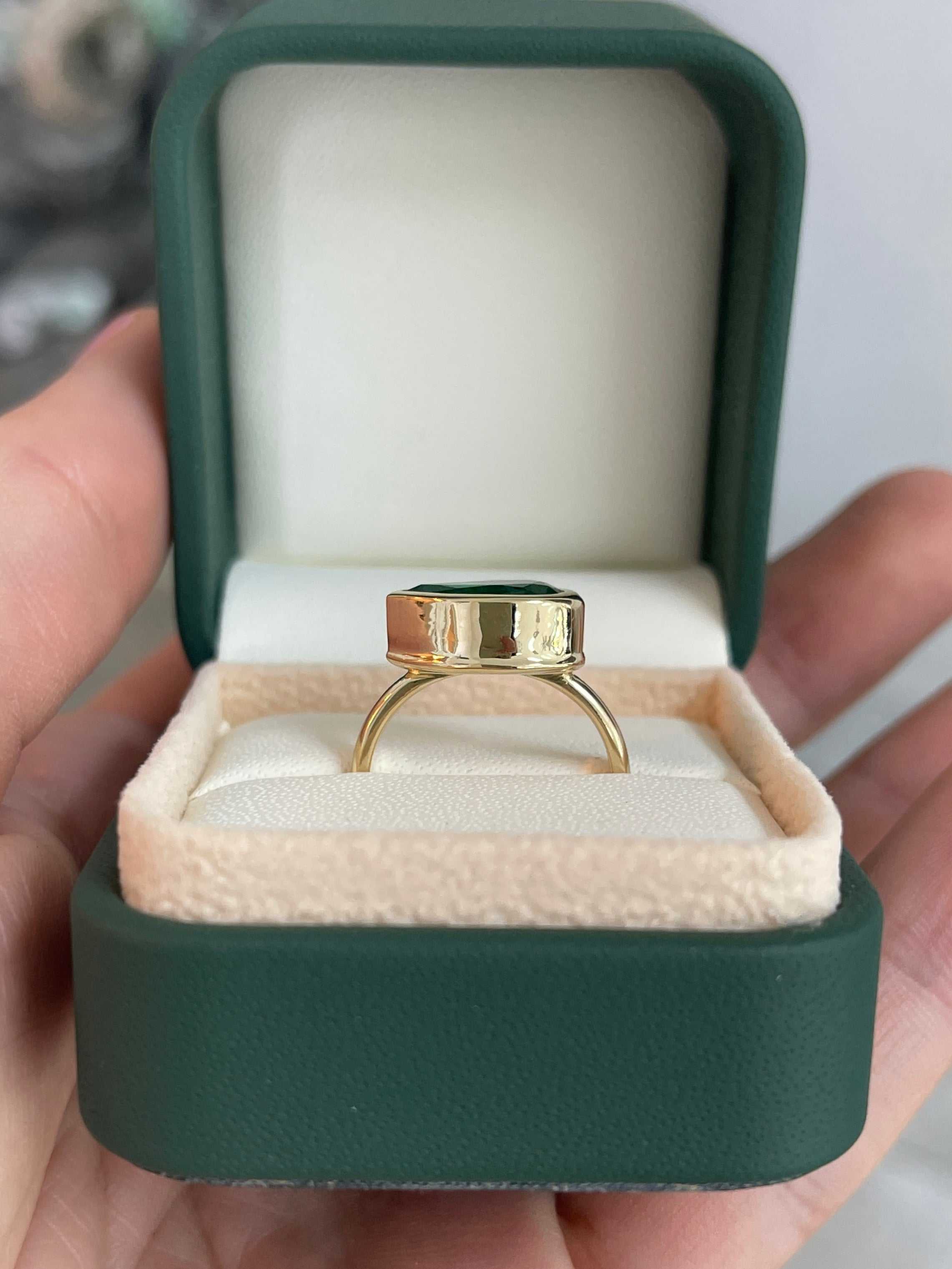 2.18 Carats Dark Forest Green Bezel East to West Set Emerald Pear Solitaire Ring 18K - JR Colombian Emeralds