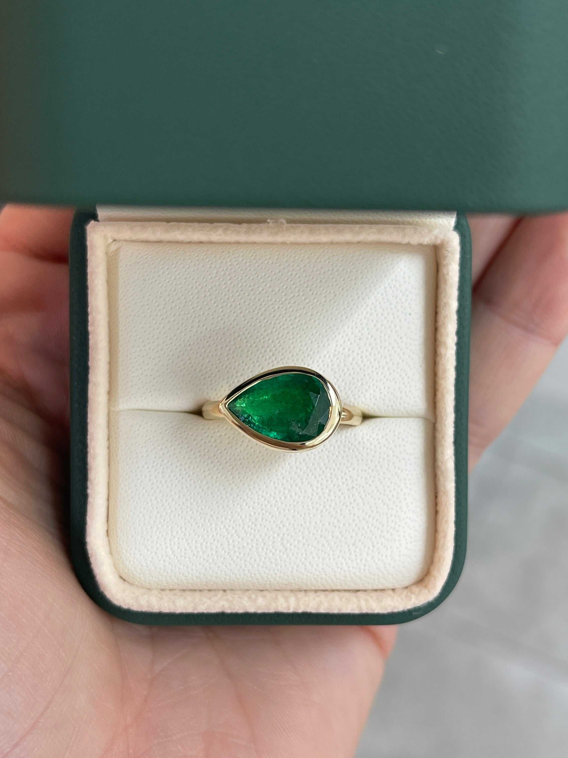 2.18 Carats Dark Forest Green Bezel East to West Set Emerald Pear Solitaire Ring 18K - JR Colombian Emeralds