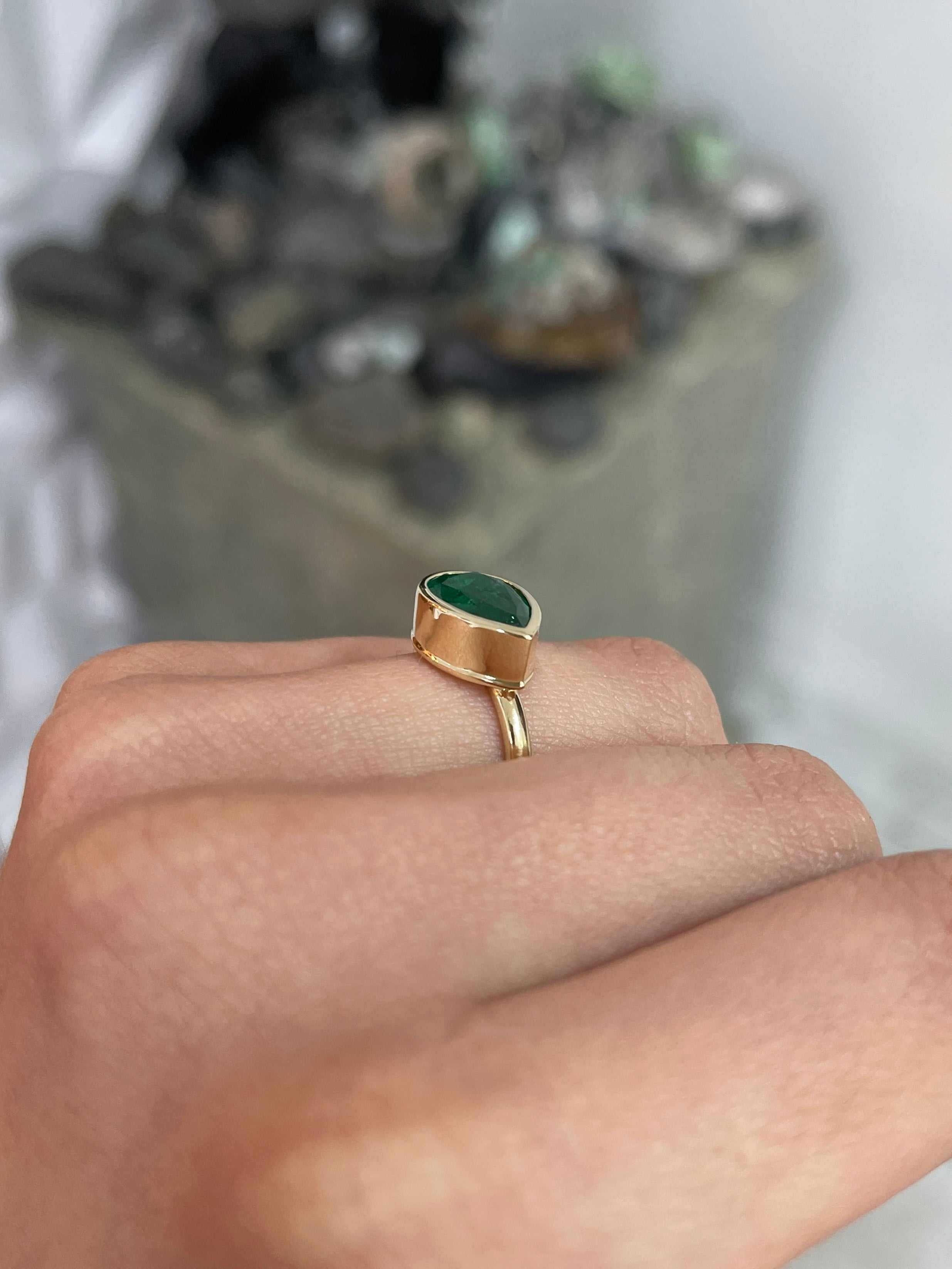 2.18 Carats Dark Forest Green Bezel East to West Set Emerald Pear Solitaire Ring 18K - JR Colombian Emeralds