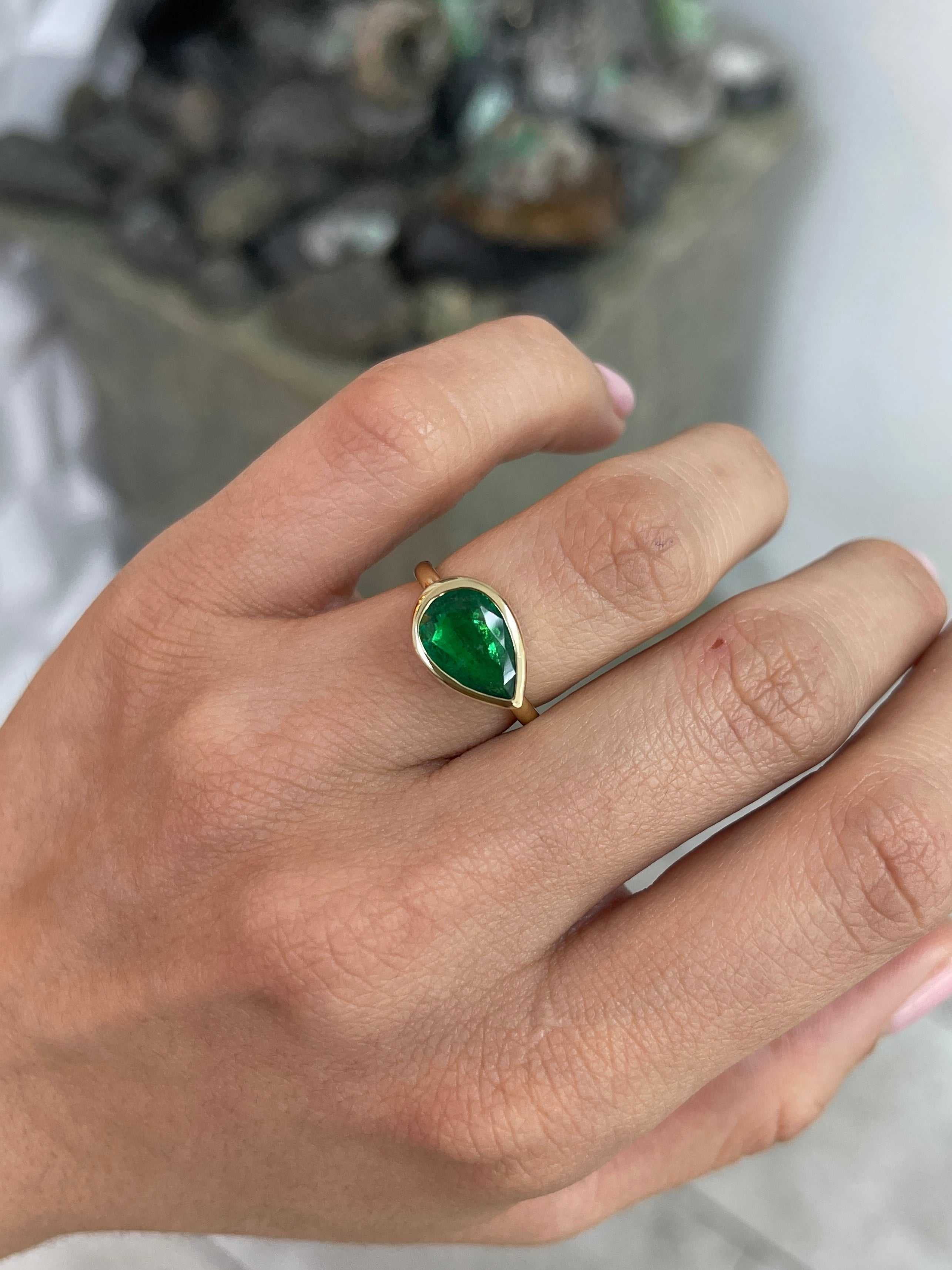 2.18 Carats Dark Forest Green Bezel East to West Set Emerald Pear Solitaire Ring 18K - JR Colombian Emeralds