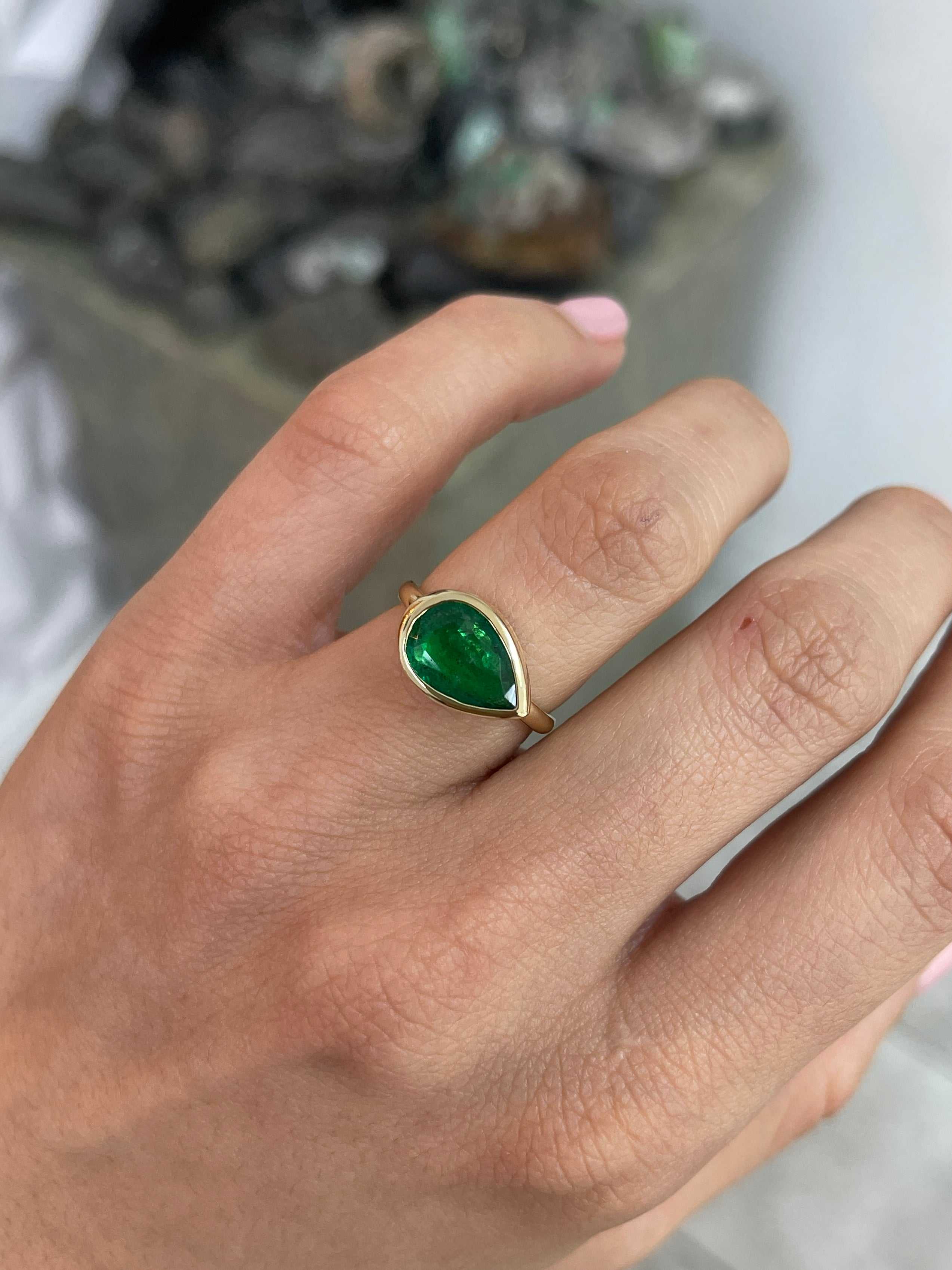 2.18 Carats Dark Forest Green Bezel East to West Set Emerald Pear Solitaire Ring 18K - JR Colombian Emeralds