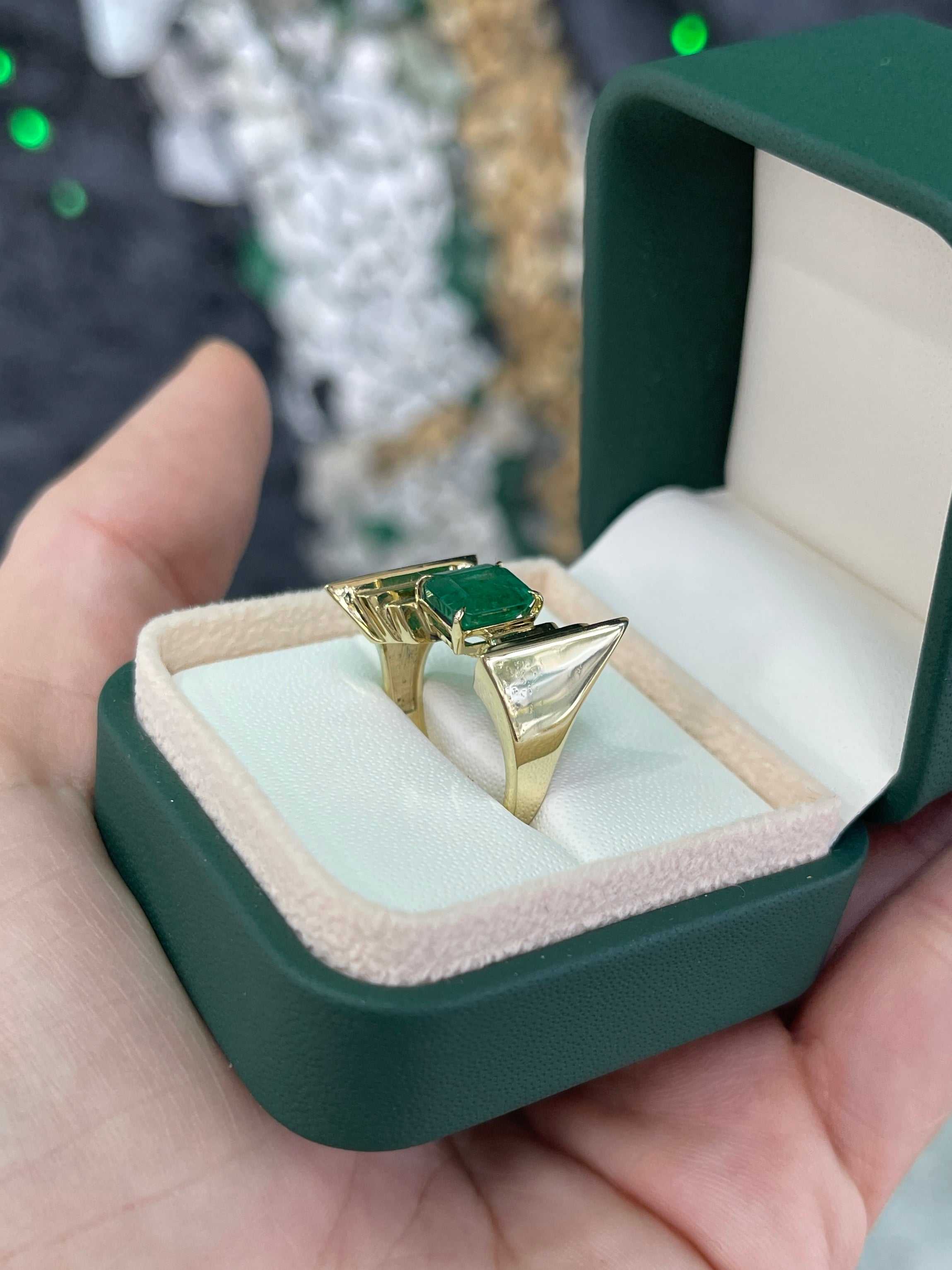 2.18ct Lush Dark Green Emerald Cut Statement Look Solitaire Ring - JR Colombian Emeralds