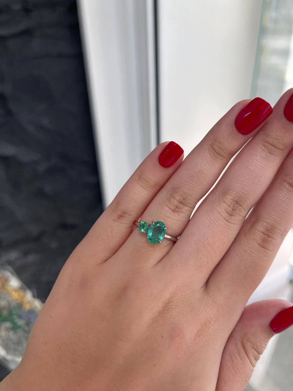 2.40 Carat Features Emerald With Oval And Round Cuts Toi Et Moi Ring - JR Colombian Emeralds