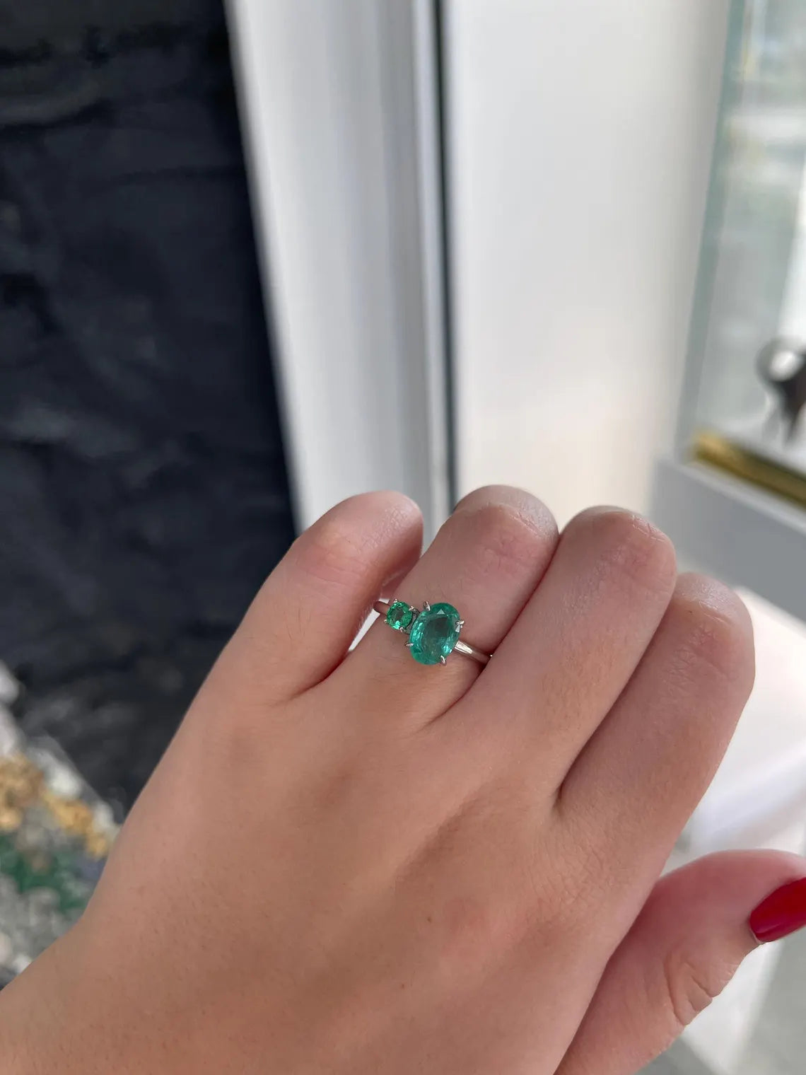 2.40 Carat Features Emerald With Oval And Round Cuts Toi Et Moi Ring - JR Colombian Emeralds