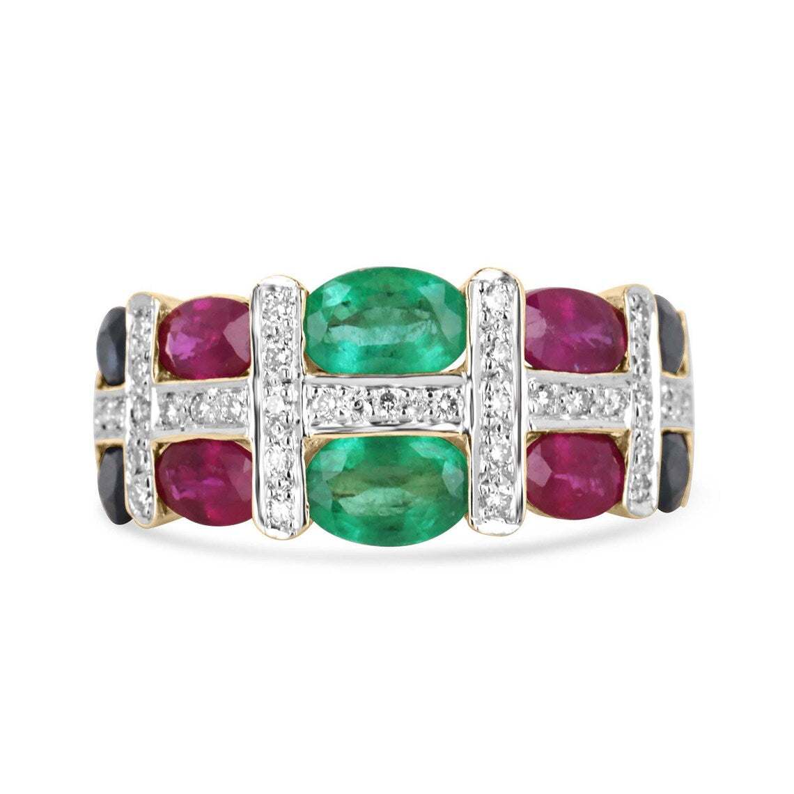 3.15 Carat Multi Gemstone Oval Emerald Ruby Sapphire Diamond Ring
