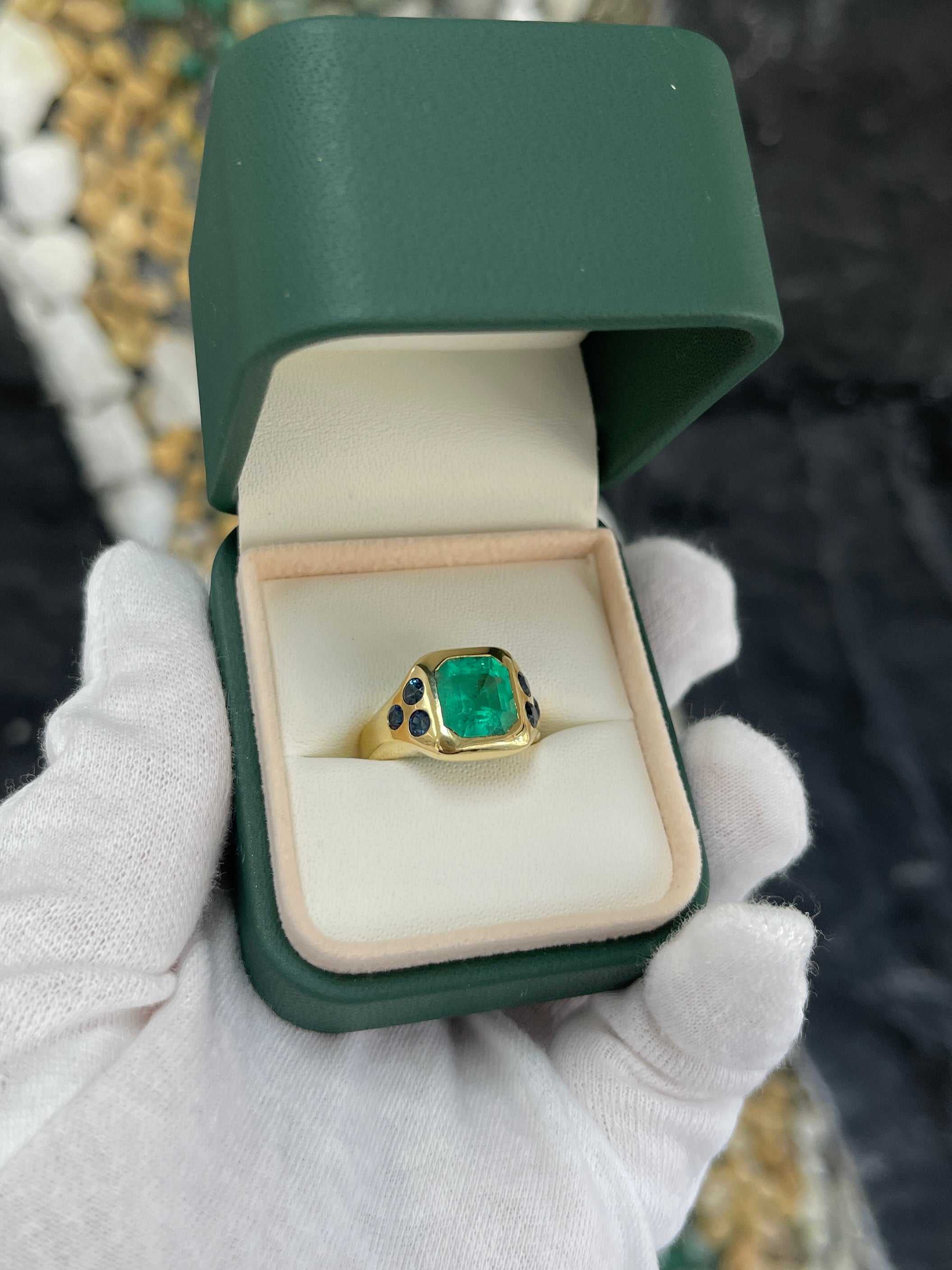4.20tcw 18K Green Emerald & Blue Round Sapphire Gypsy Signet Gold Ring - JR Colombian Emeralds