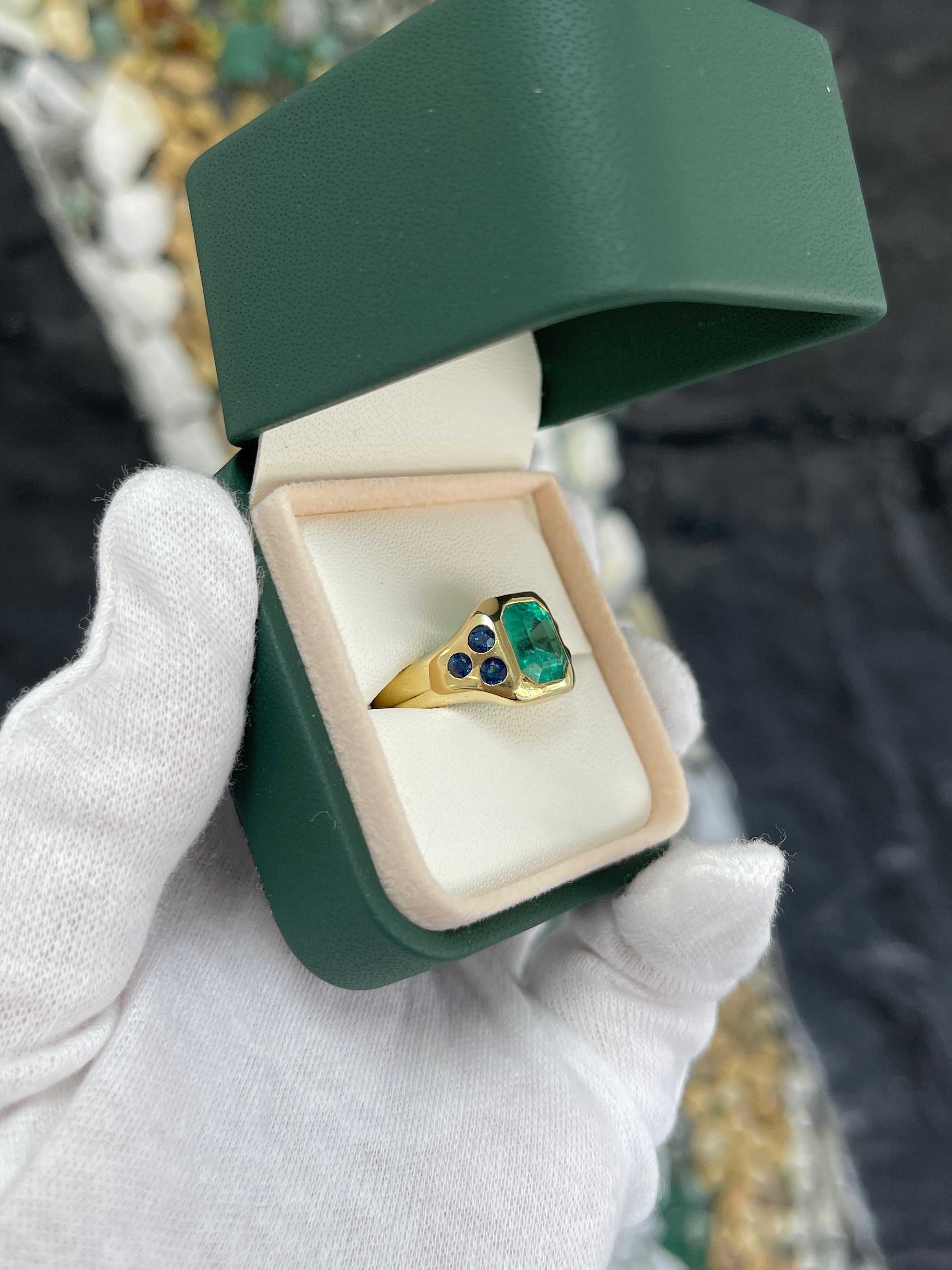 4.20tcw 18K Green Emerald & Blue Round Sapphire Gypsy Signet Gold Ring - JR Colombian Emeralds