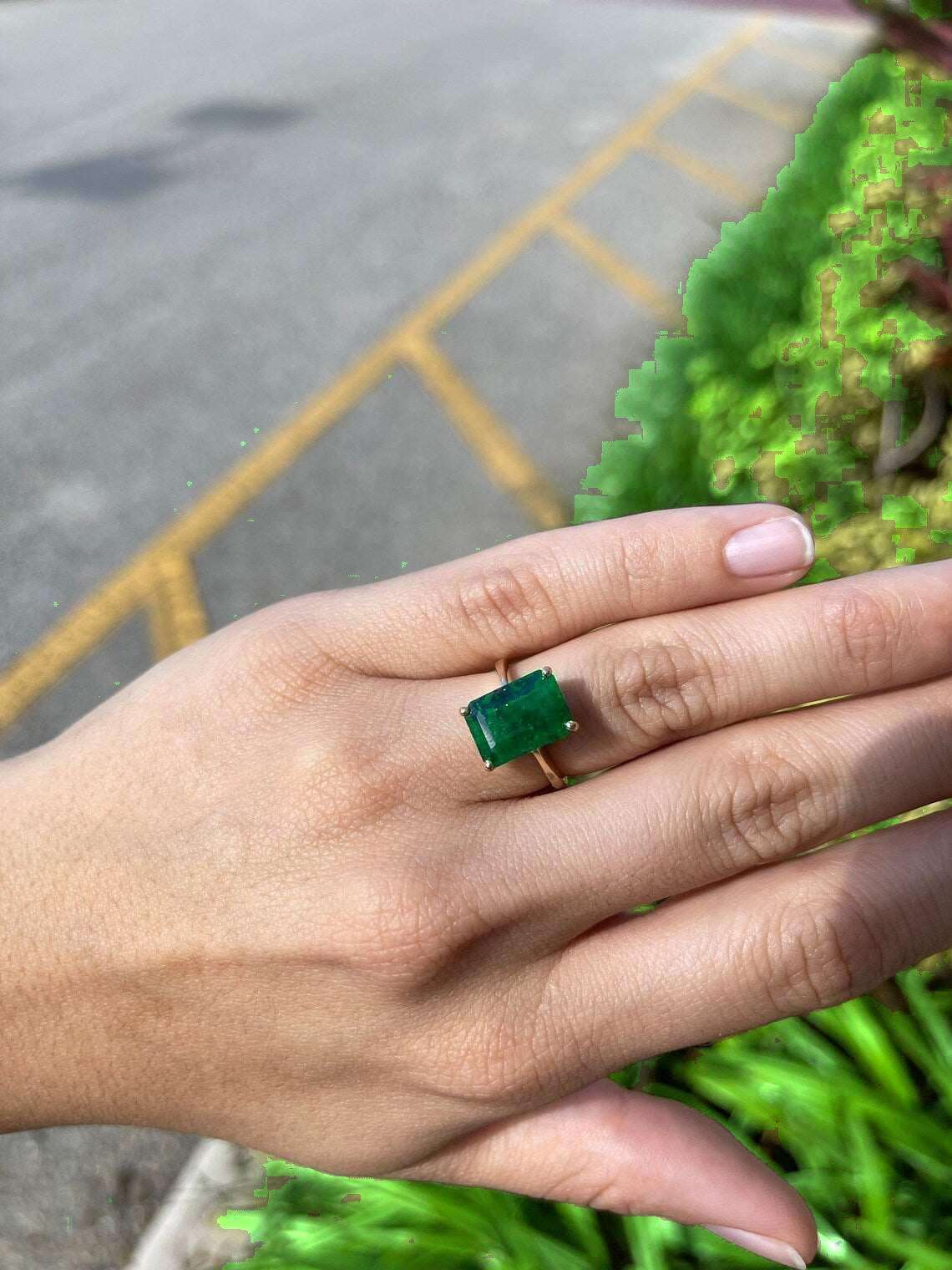 4.46ct Dark Green Natural Emerald Solitaire Engagement Ring Yellow Gold 14K