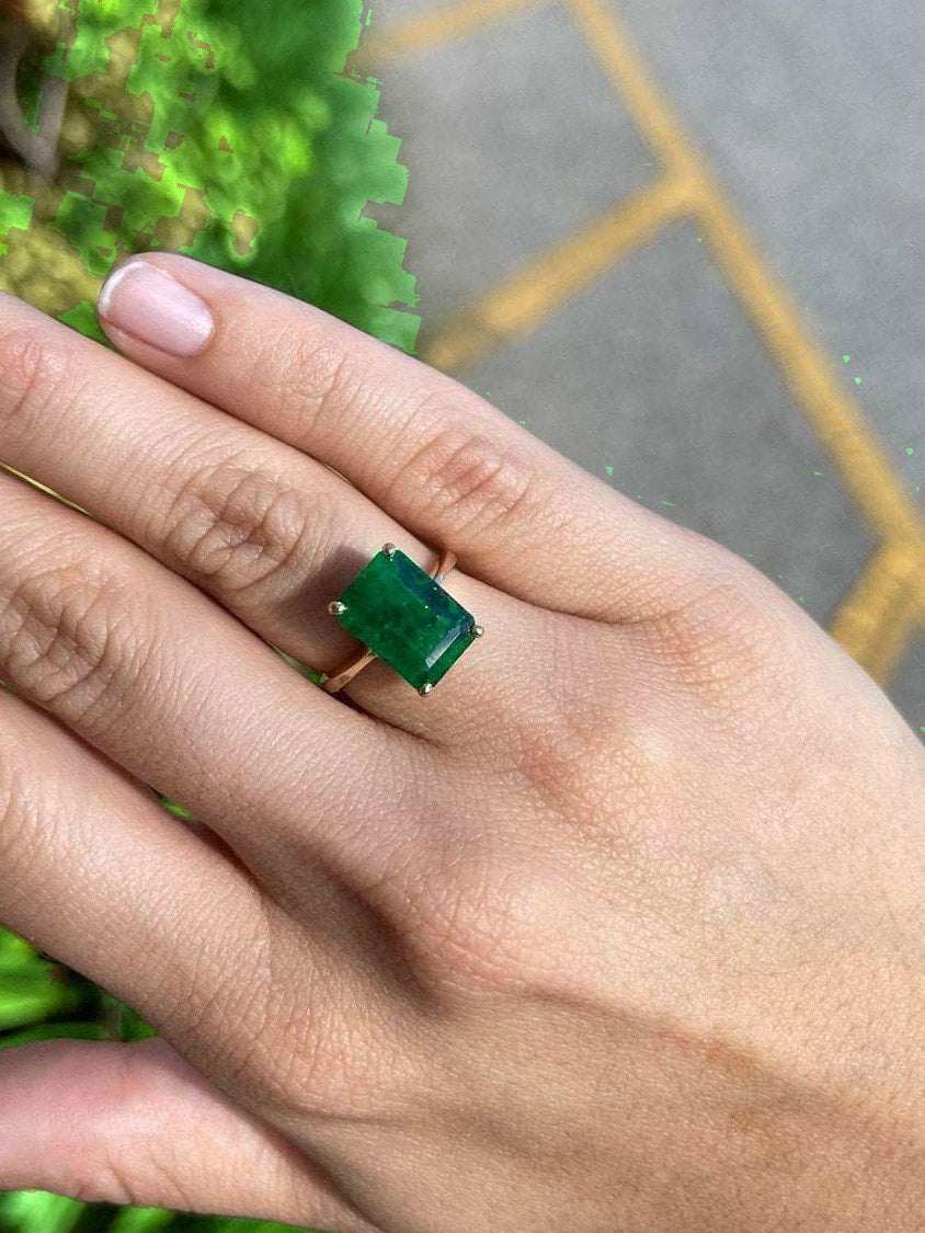4.46ct Dark Green Natural Emerald Solitaire Engagement Ring Yellow Gold 14K