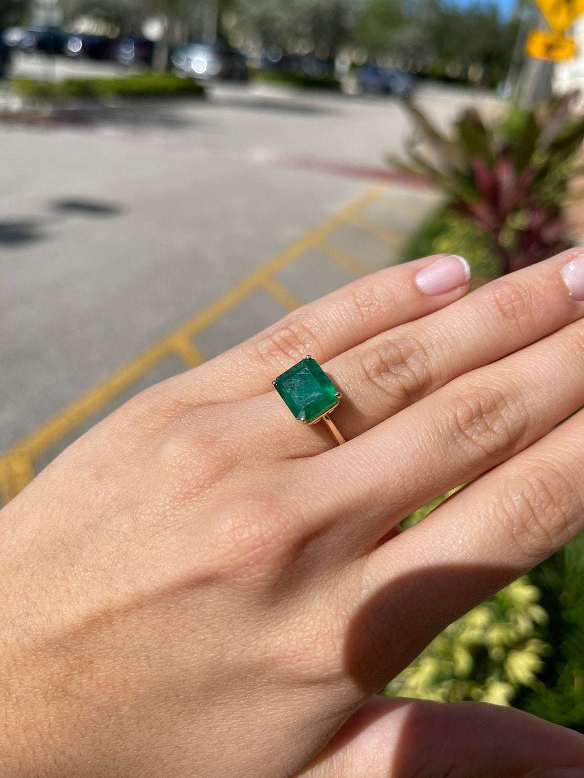 4.79 Carat Dark Green Natural Emerald Solitaire East to West Ring Yellow Gold 14K