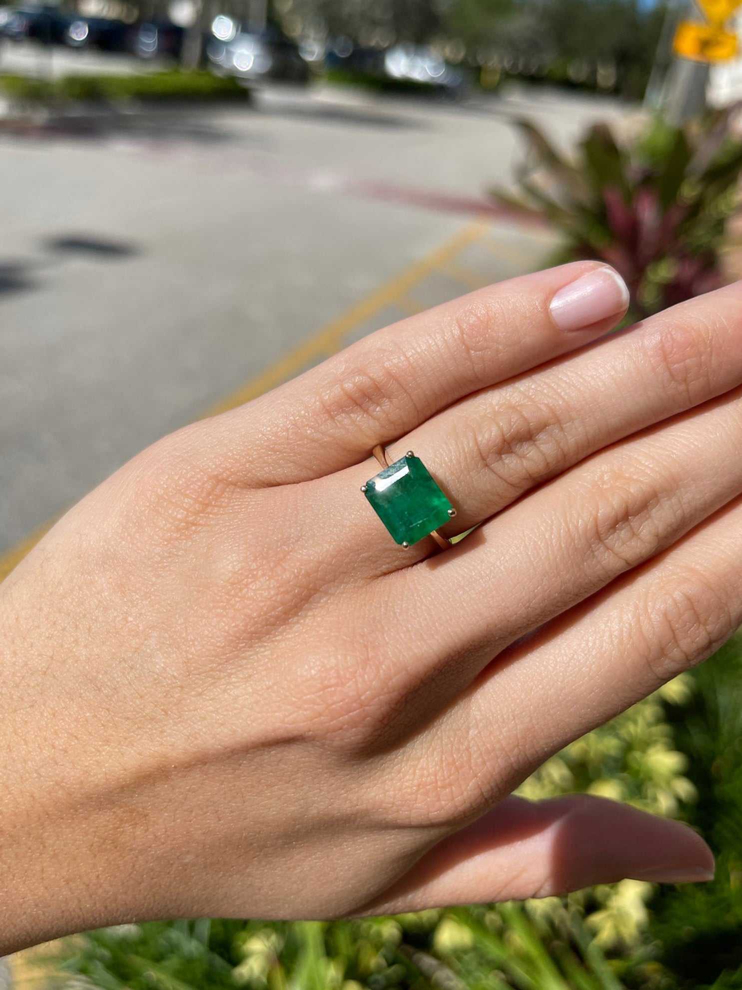 4.79 Carat Dark Green Natural Emerald Solitaire East to West Ring Yellow Gold 14K