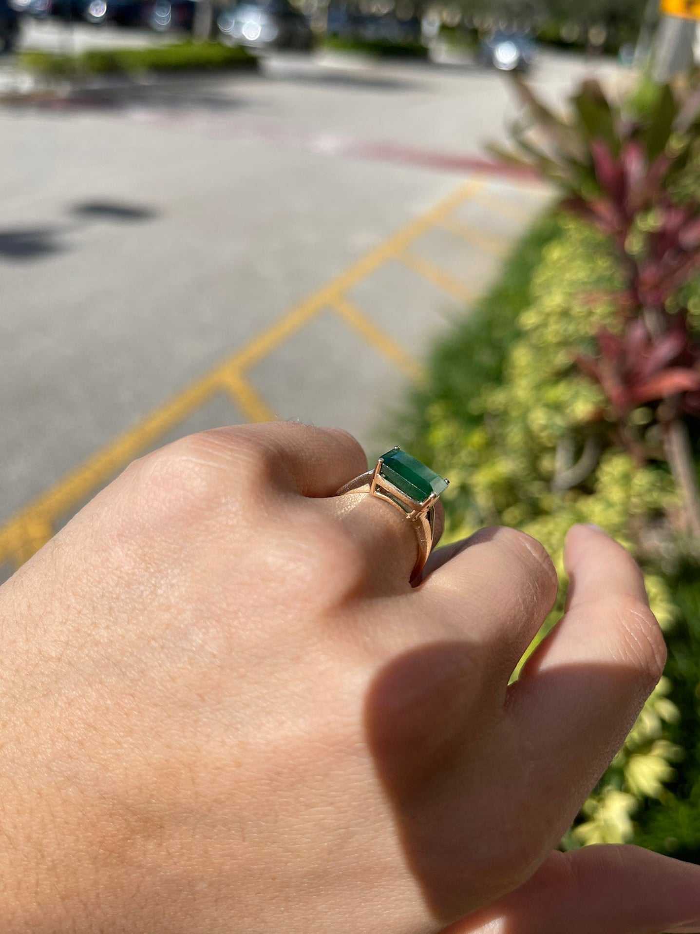 4.79 Carat Dark Green Natural Emerald Solitaire East to West Ring Yellow Gold 14K