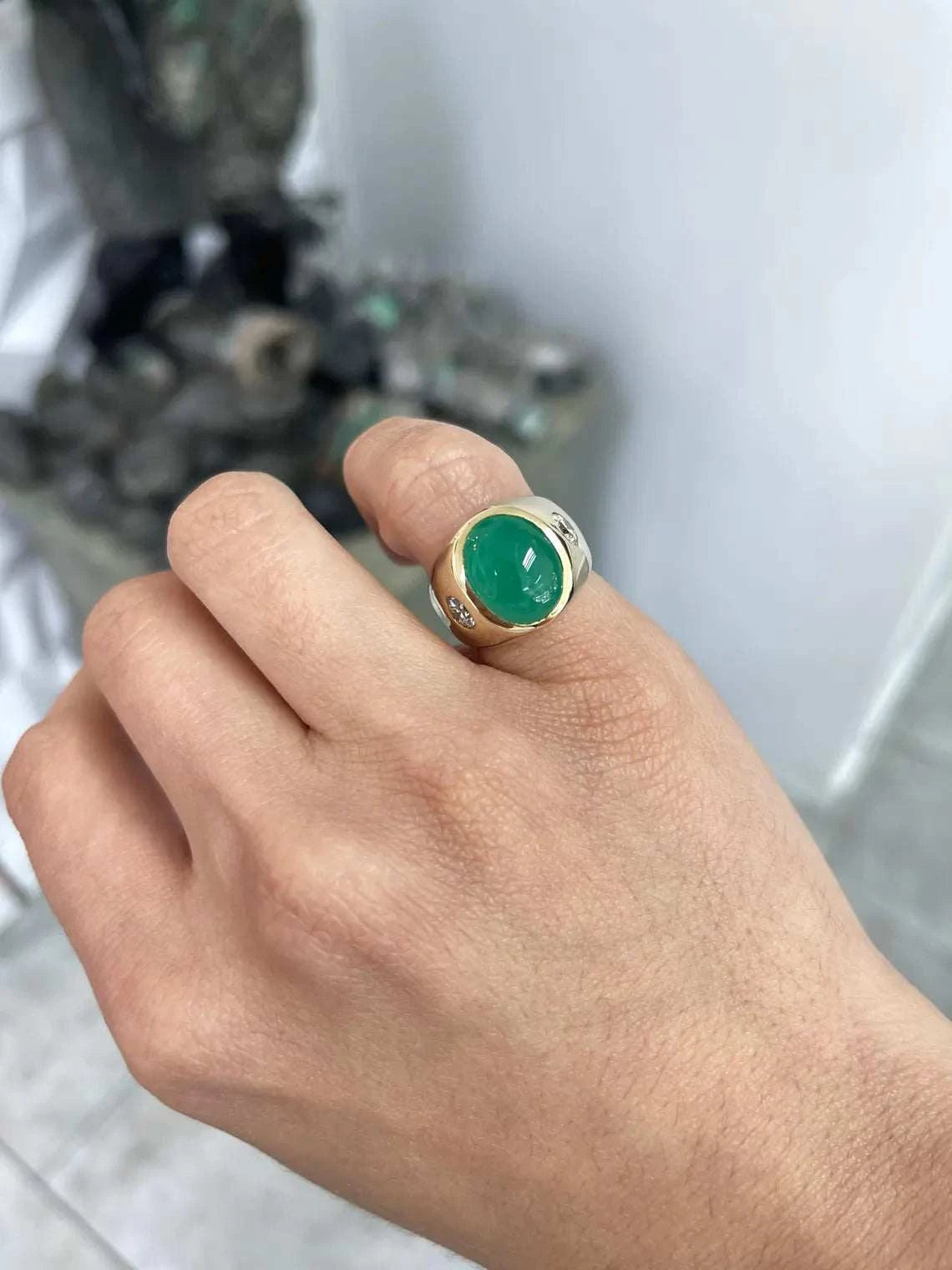 6.49 Carat Emerald Cabochon Three Stone Ring Features Diamond Accents