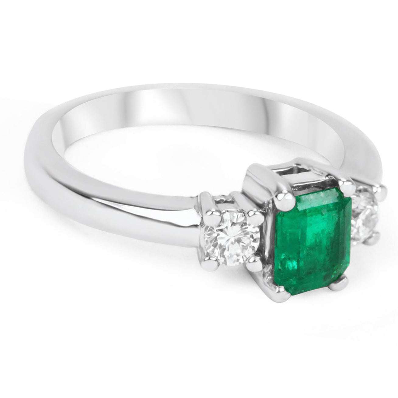 1.40tcw Dark Green Emerald Cut Emerald & Diamond Three Stone Ring 14K