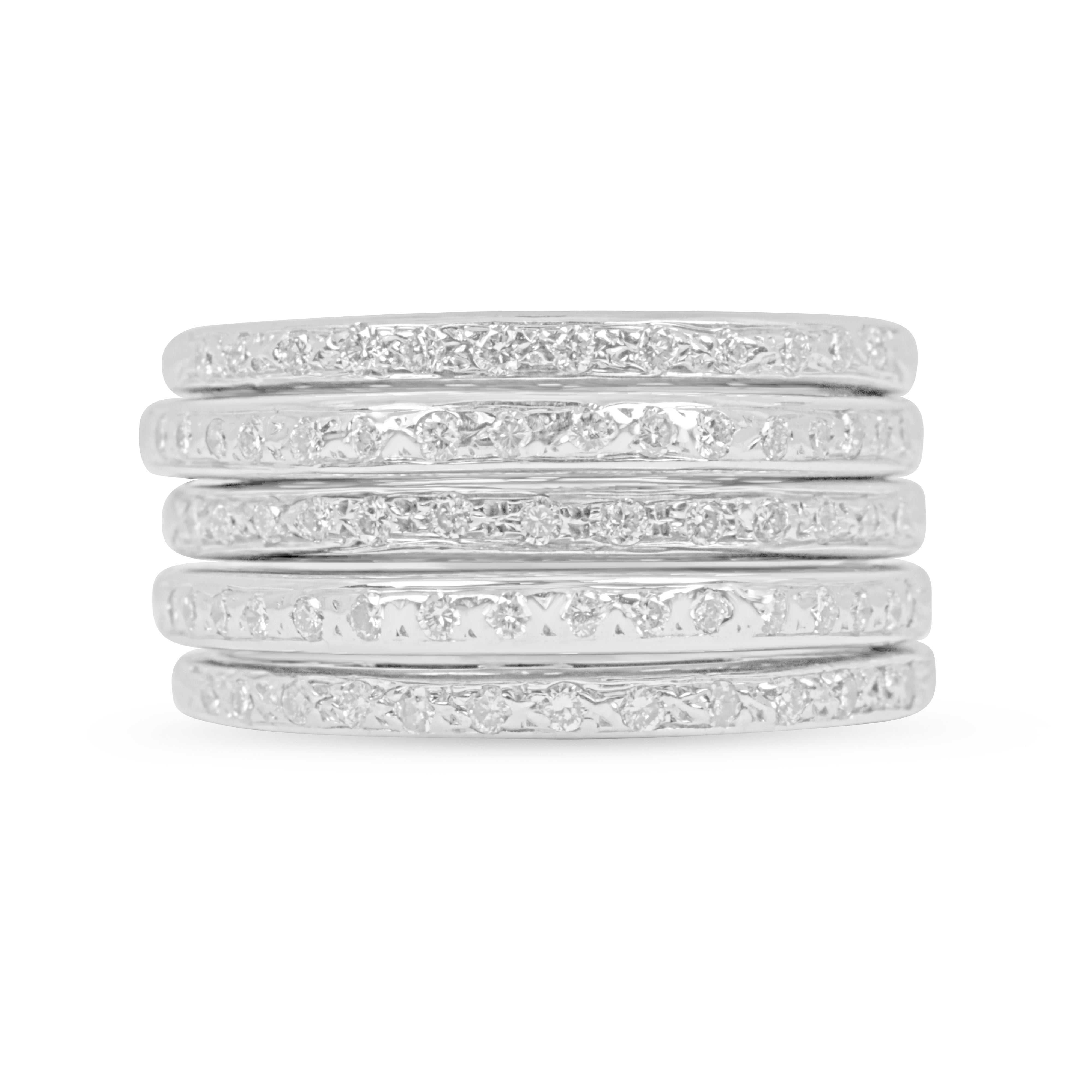 0.40tcw 14K Five Row Diamond Stacked Multi Band Ring - JR Colombian Emeralds