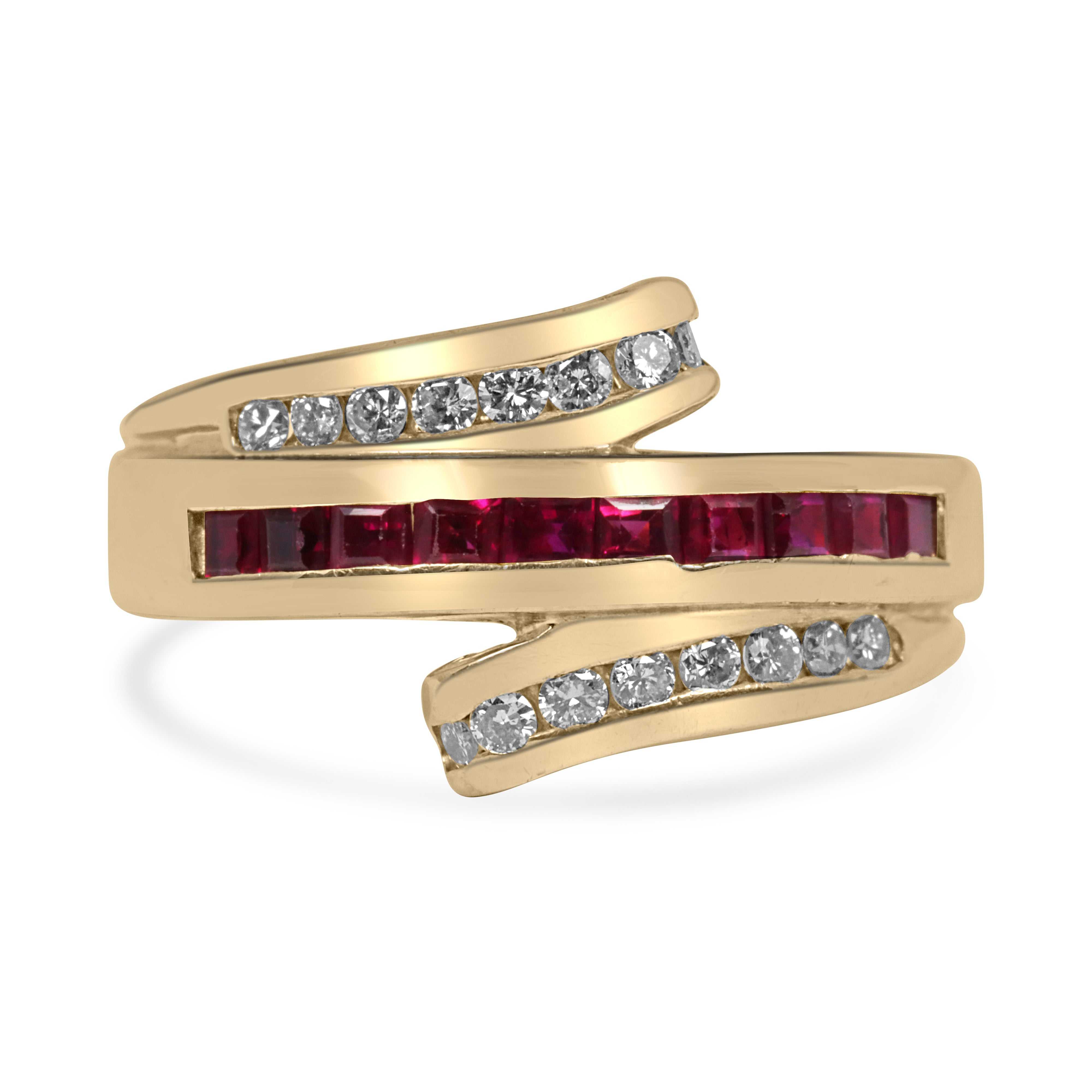 14K yellow gold ring with princess-cut rubies and round diamonds in a bypass design