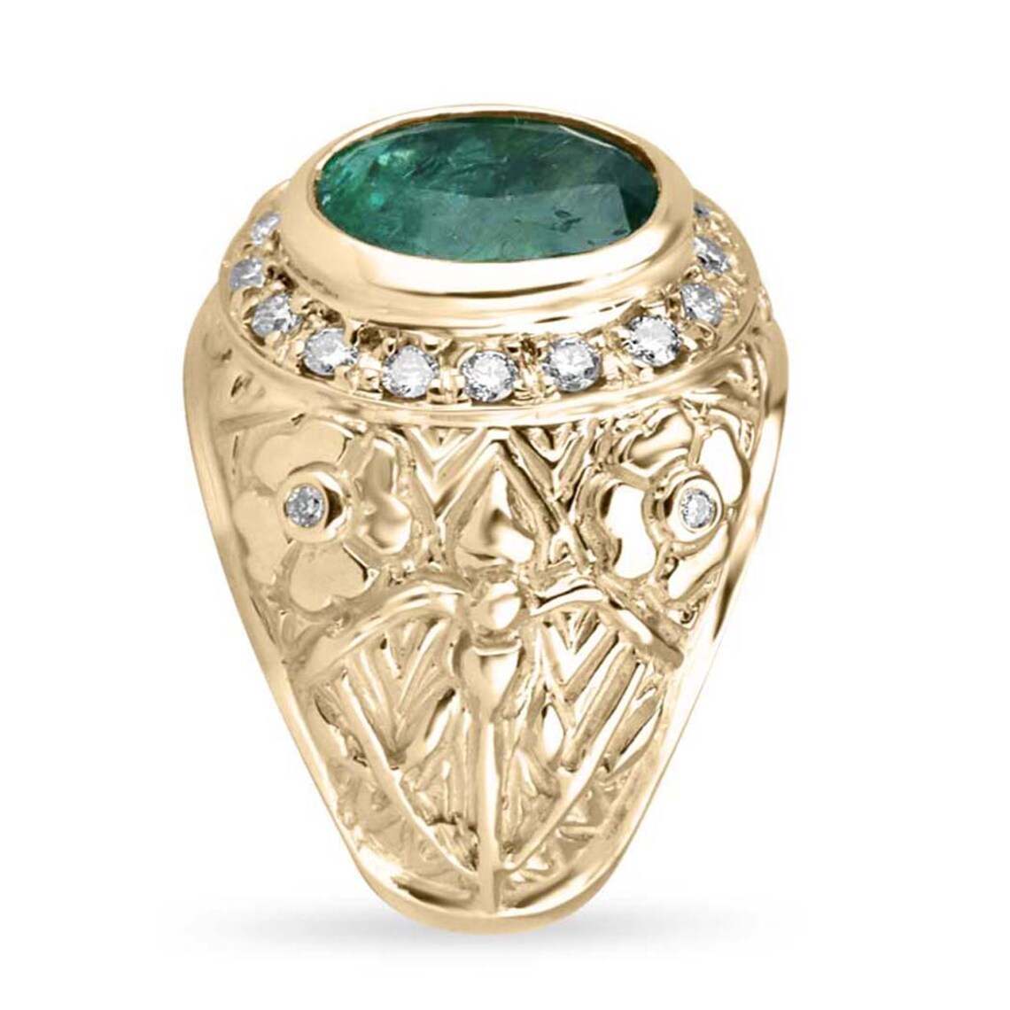 3.23ct Floral Oval Emerald Features Diamond Halo in Bold Statement Ring