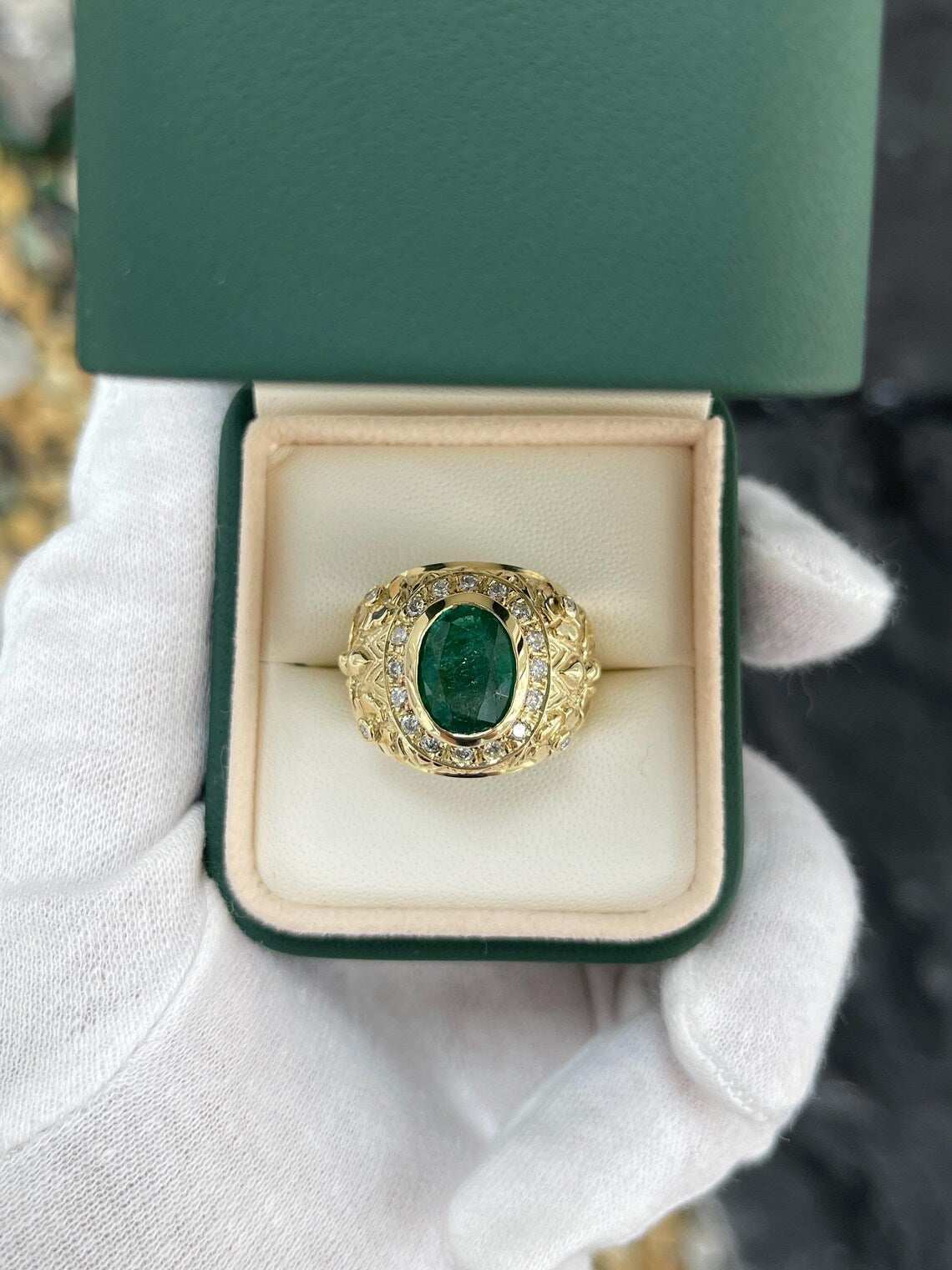 3.23ct Floral Oval Emerald Features Diamond Halo in Bold Statement Ring