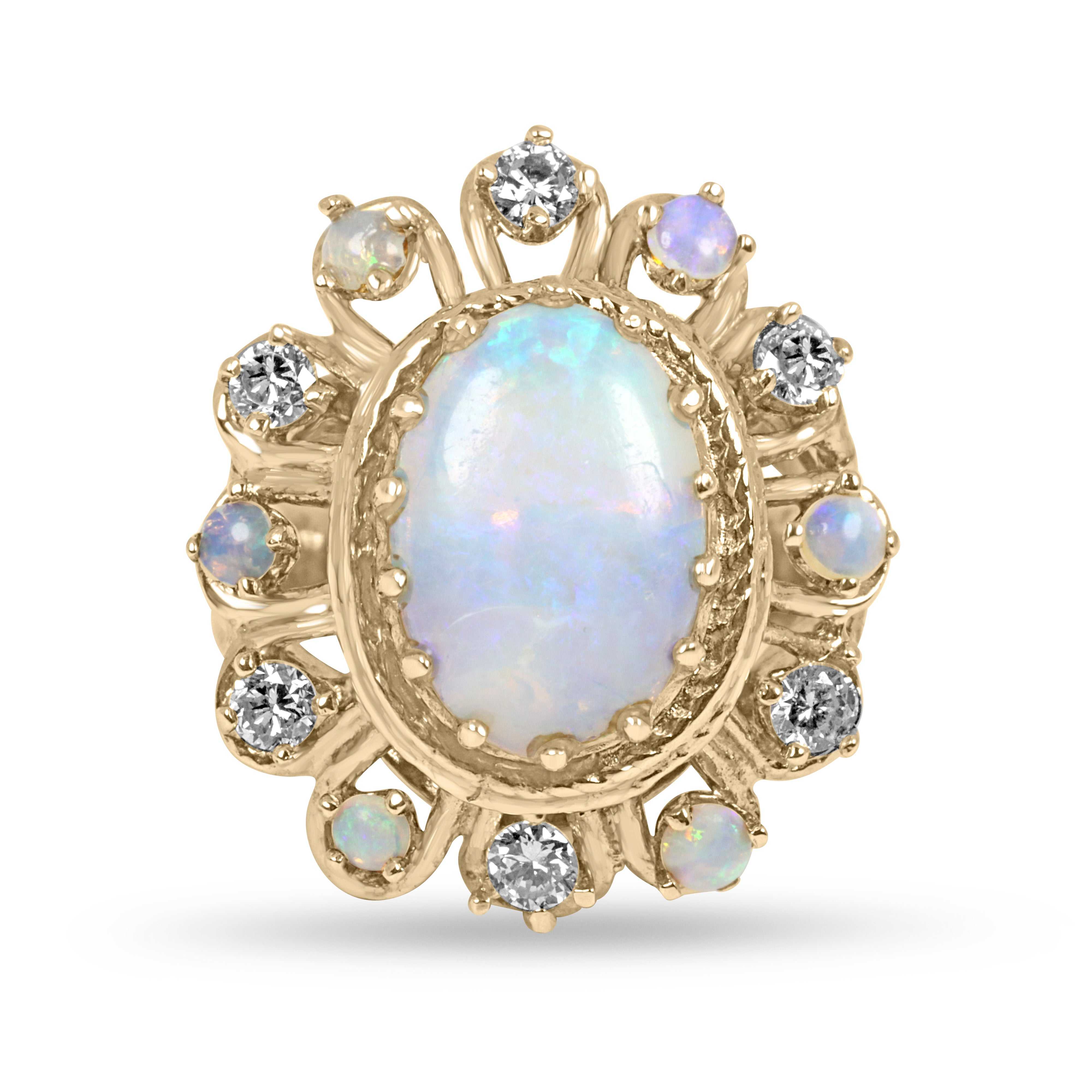 3.85tcw Art Deco vintage 14K yellow gold opal and diamond cocktail ring