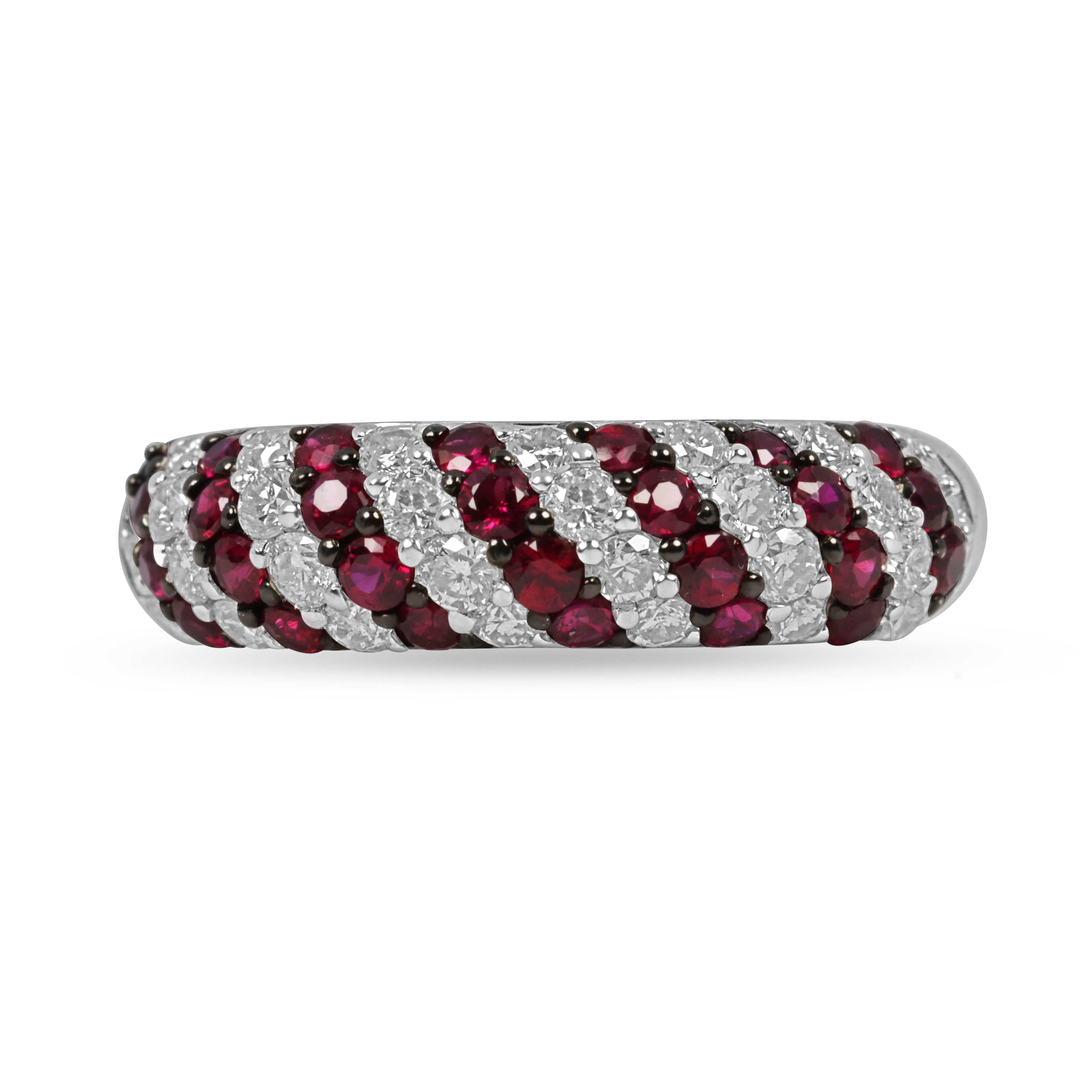 0.90tcw ruby and diamond pave band ring in 14K white gold with alternating red rubies and white diamonds