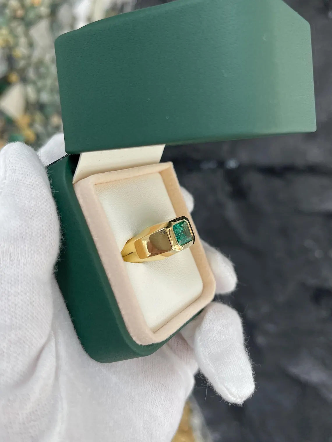 2.66ct Natural Emerald Cut Emerald Solitaire Men's Ring Bluish Green Bezel Set