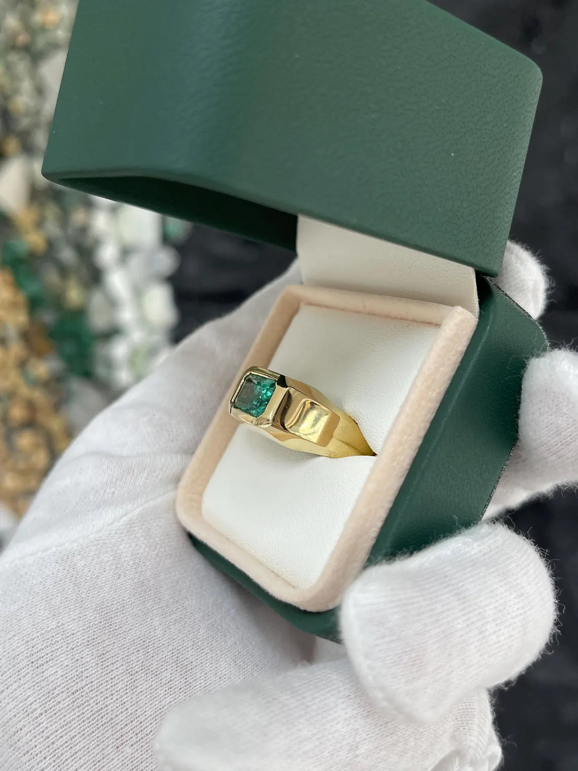 2.66ct Natural Emerald Cut Emerald Solitaire Men's Ring Bluish Green Bezel Set