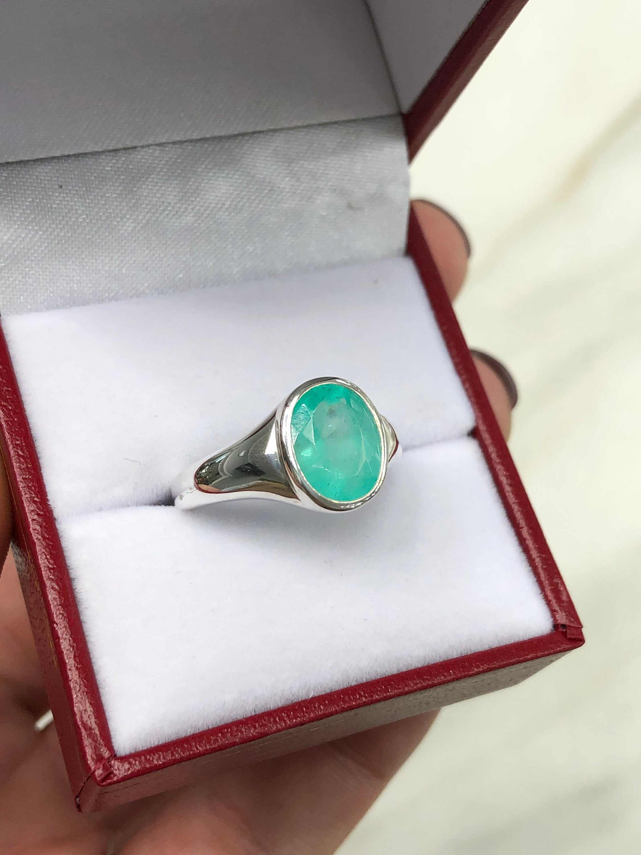 1.95 Carat Oval Cut Rich Green Emerald Tapered Band Men's Ring Sterling Silver 925