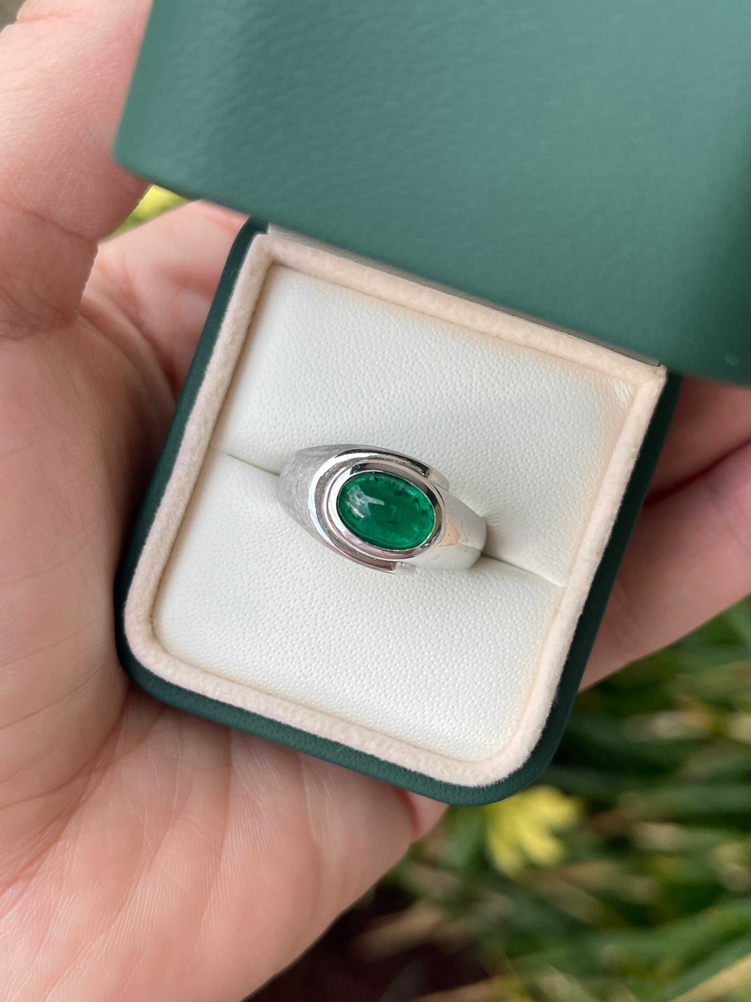 1.70 Carat Dark Top Green Emerald Cabochon Mens Ring 14K - JR Colombian Emeralds