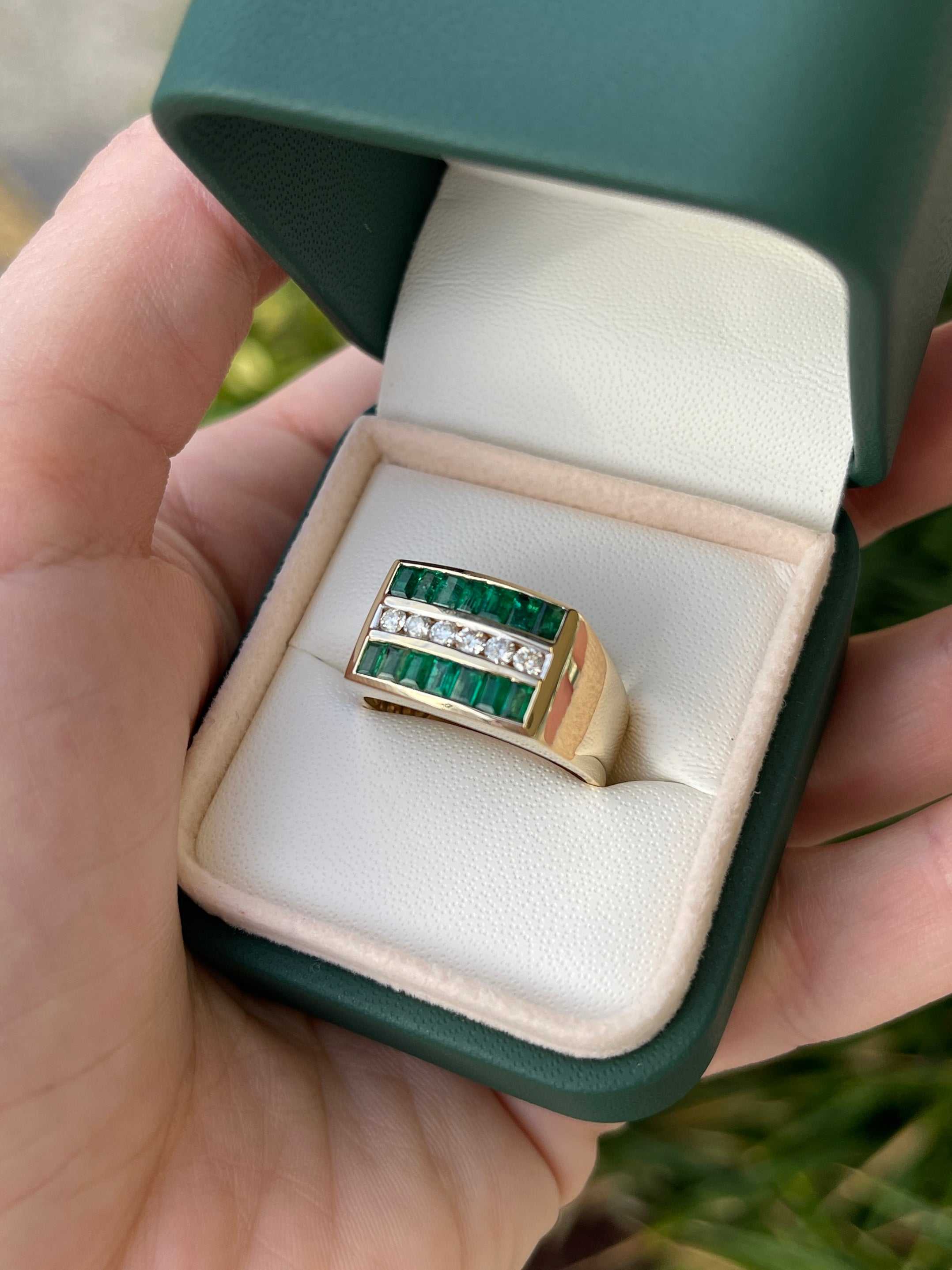 1.84tcw Natural Emerald & Diamond Men's Channel Set Ring 14K - JR Colombian Emeralds