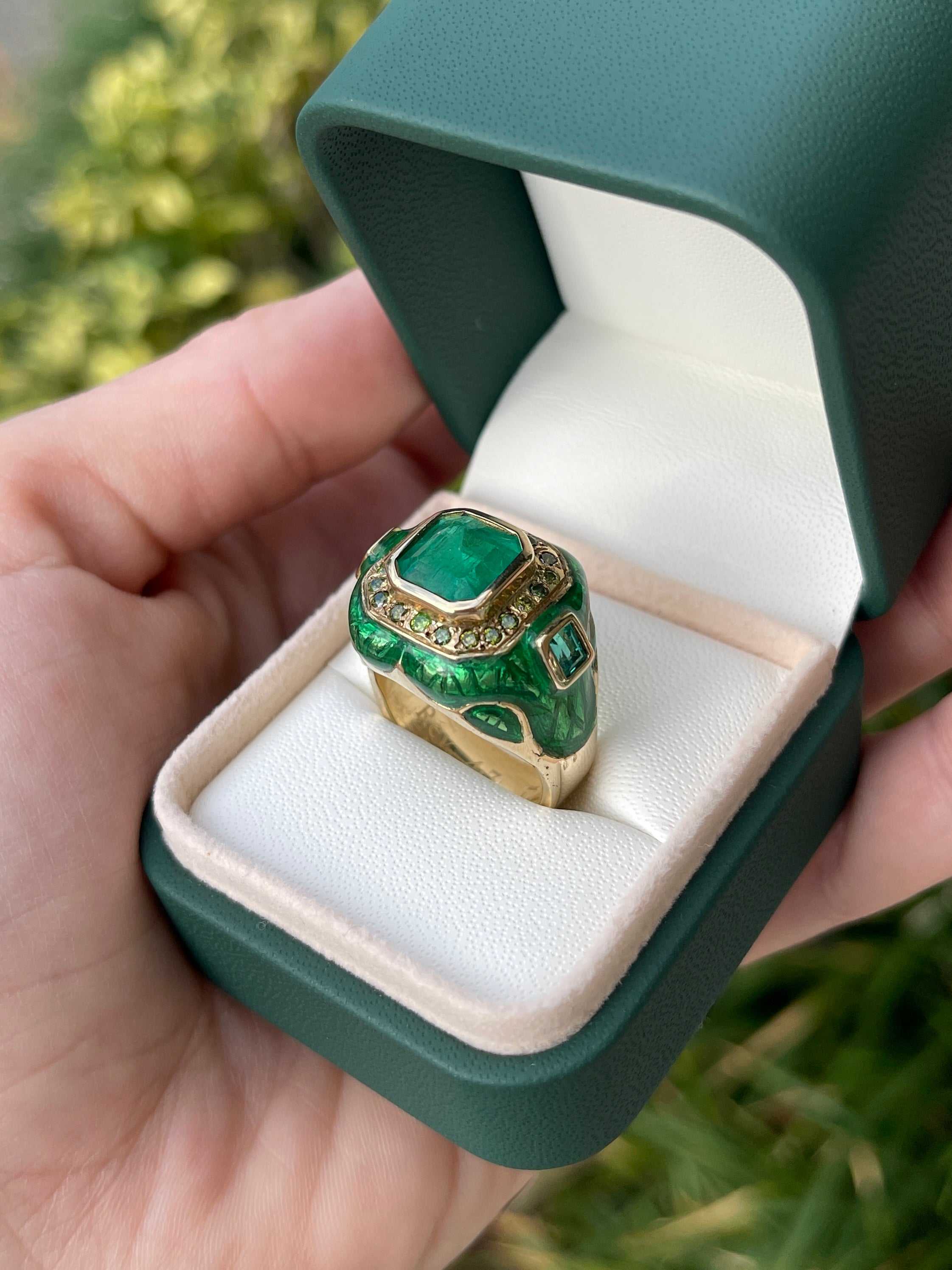 5.30tcw Colombian Emerald & Green Diamond Men's Enamel Ring Solid 14K
