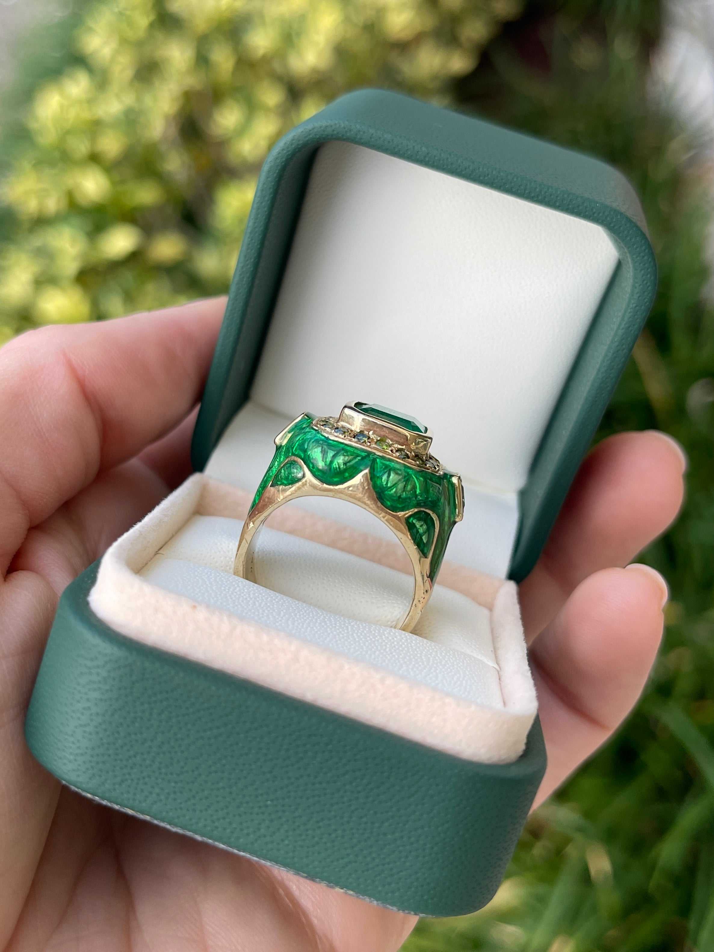 5.30tcw Colombian Emerald & Green Diamond Men's Enamel Ring Solid 14K