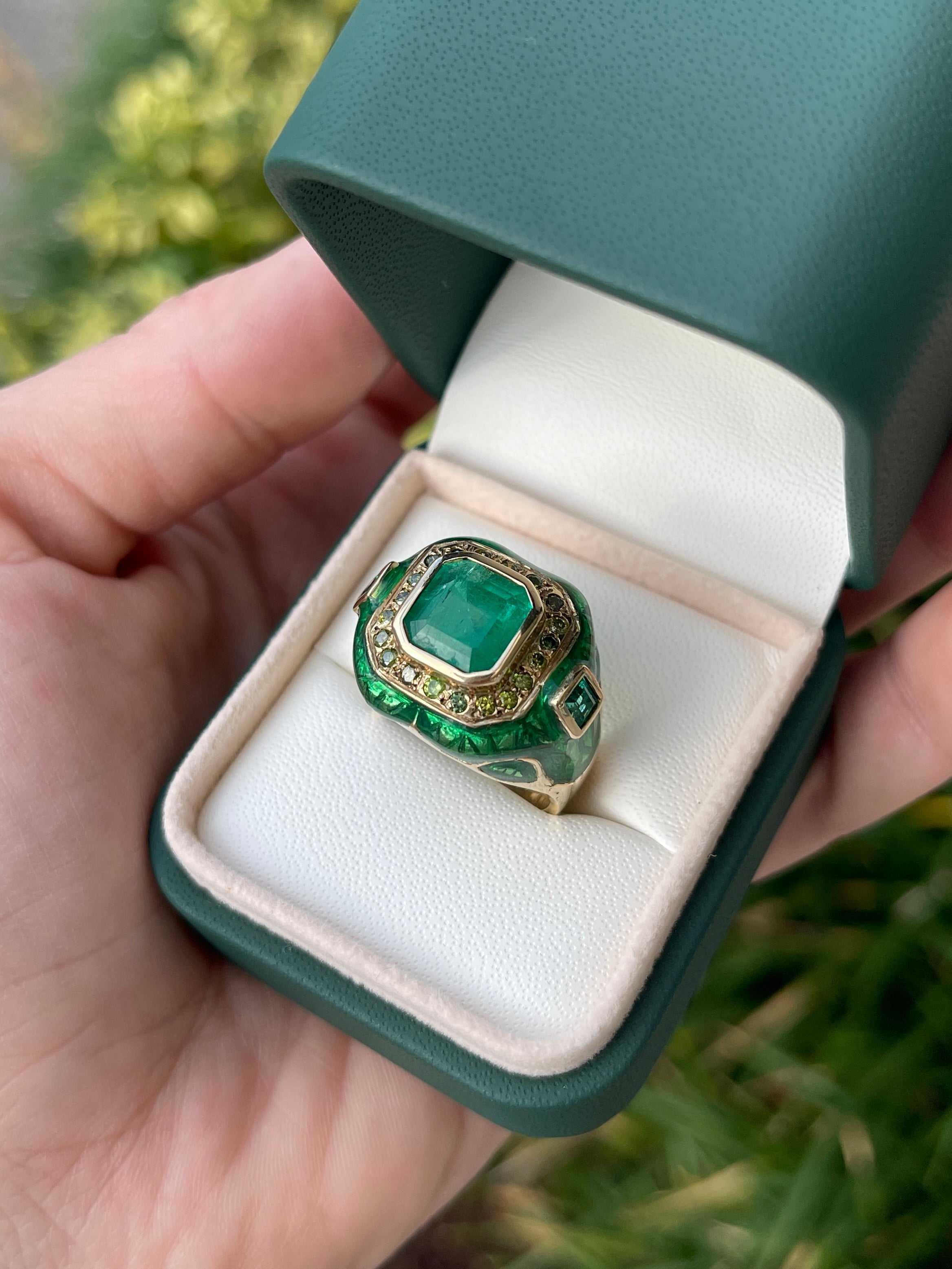 5.30tcw Colombian Emerald & Green Diamond Men's Enamel Ring Solid 14K