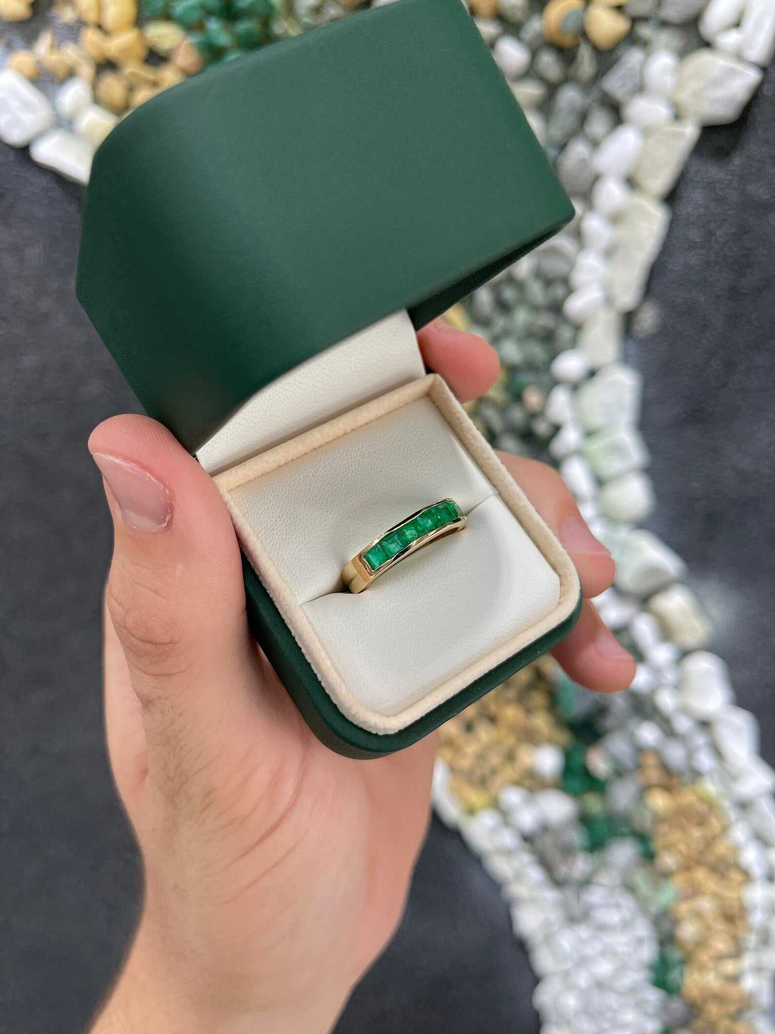Men's 14K gold band ring featuring 1.40tcw natural vivid green emeralds by JR Colombian Emeralds.